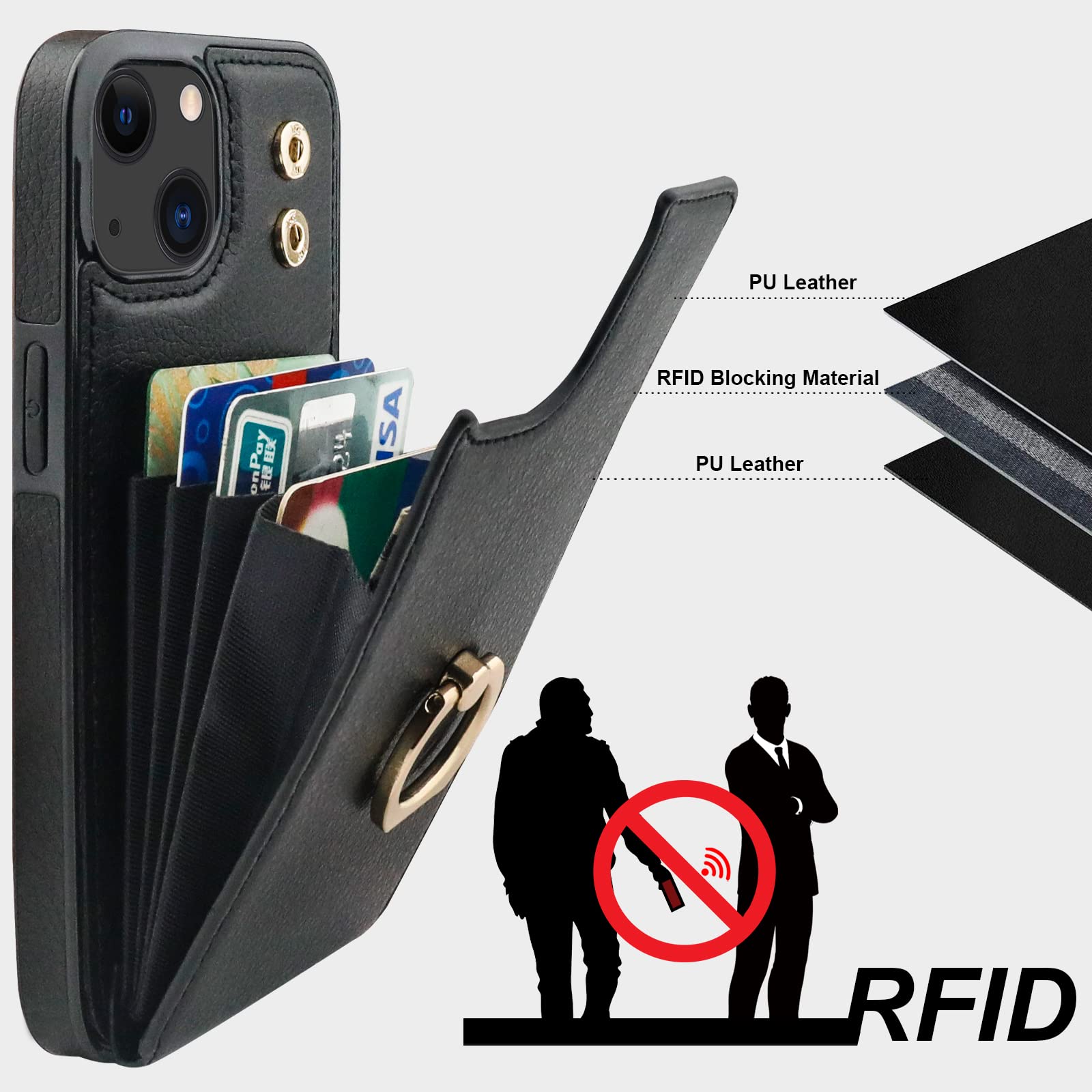 Folosu iPhone 13 Case Wallet with Card Holder - 360° Rotating Finger Ring Stand, RFID Blocking PU Leather Flip Cover with Shockproof Protection (6.1 Inch, Black) | Perfect for Work, Travel & Everyday Use