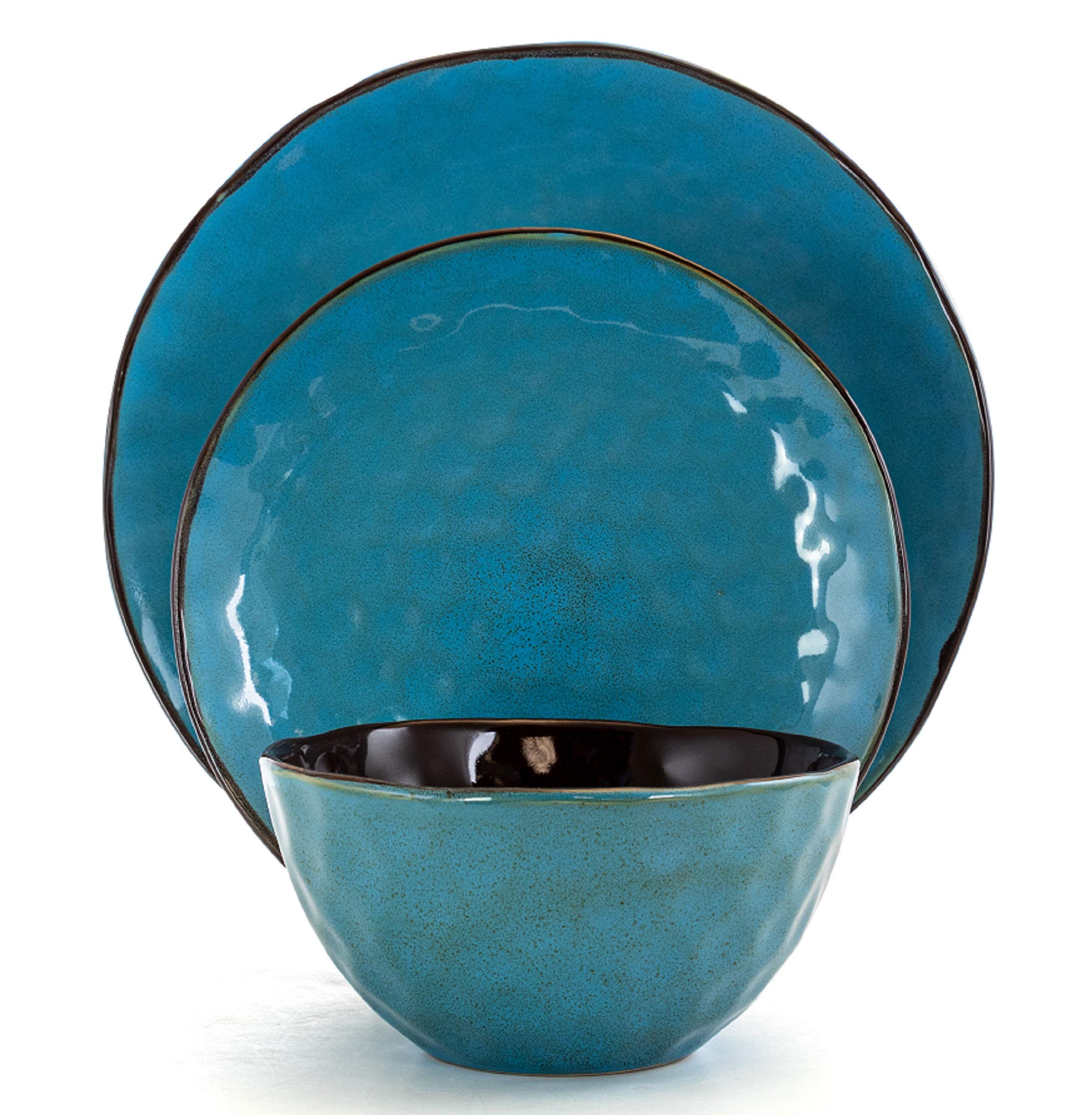 Elama Sea Glass 16-Piece Round Stoneware Dinnerware Set in Turquoise - Elegant Dinner Plates, Bowls & Mugs for Home, Restaurant, or Beachside Dining
