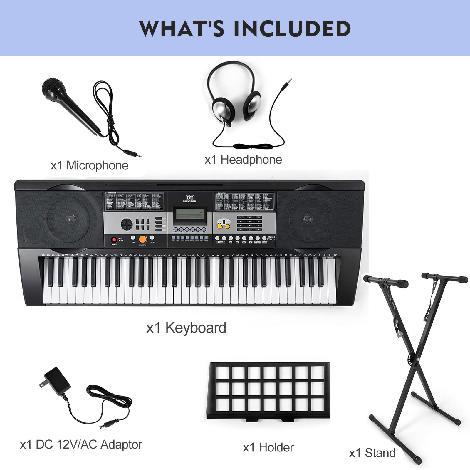 MUSTAR 61 Key Digital Piano Keyboard with Stand - Touch Sensitive Keys for Beginners, Includes Headphones & Microphone - MP3/USB/LCD Screen - Perfect for Home Practice, Music Lessons & Holiday Gifts