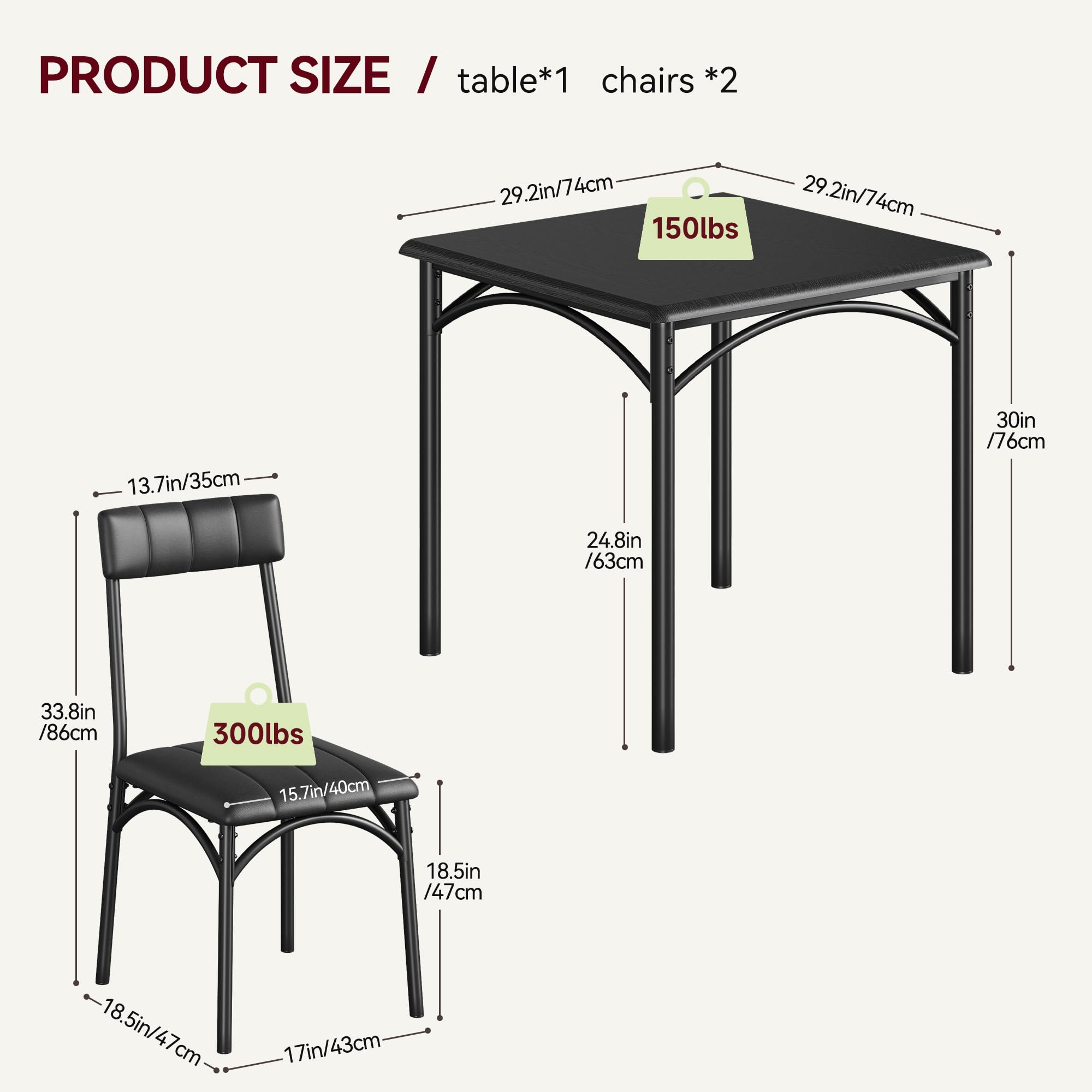 GAOMON 2-Person Dining Table Set with Upholstered Chairs - Small Square Kitchen Table for Apartments & Studios - Rustic Black Finish - Perfect for Breakfast Nooks, Tiny Homes & Compact Dining Spaces
