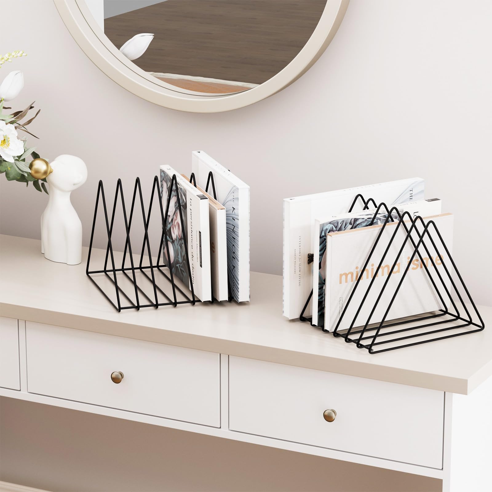 Metal Wire Magazine Holder & Desk Organizer - 7-Section Triangle File Organizer for Office, Vinyl Records, Documents - Black Pack of 2 | Perfect for Home Office, Study Room & Workspace Organization