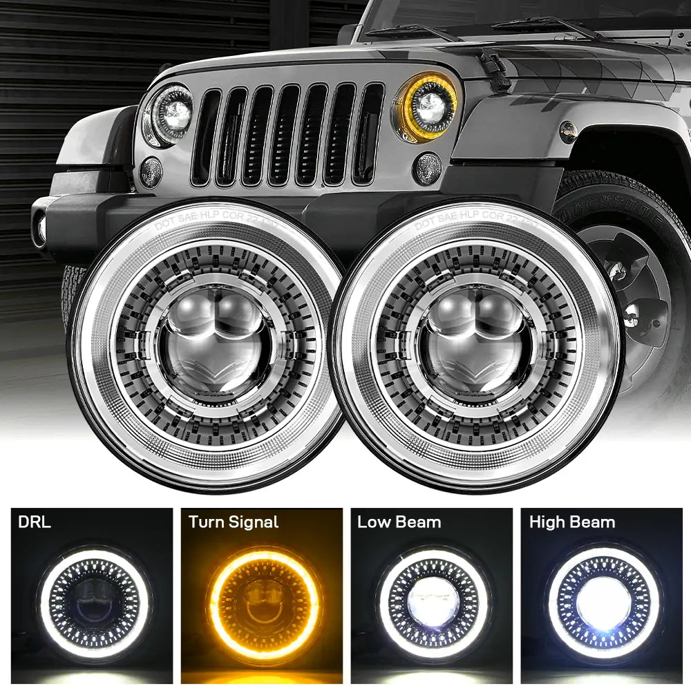 LOYO 7 Inch LED Round Headlights - High/Low Beam, Turn Signal, DRL - Compatible with Jeep Wrangler JK TJ LJ, Chevy, Ford, GMC - Upgrade for Off-Road, Night Driving & Adventure