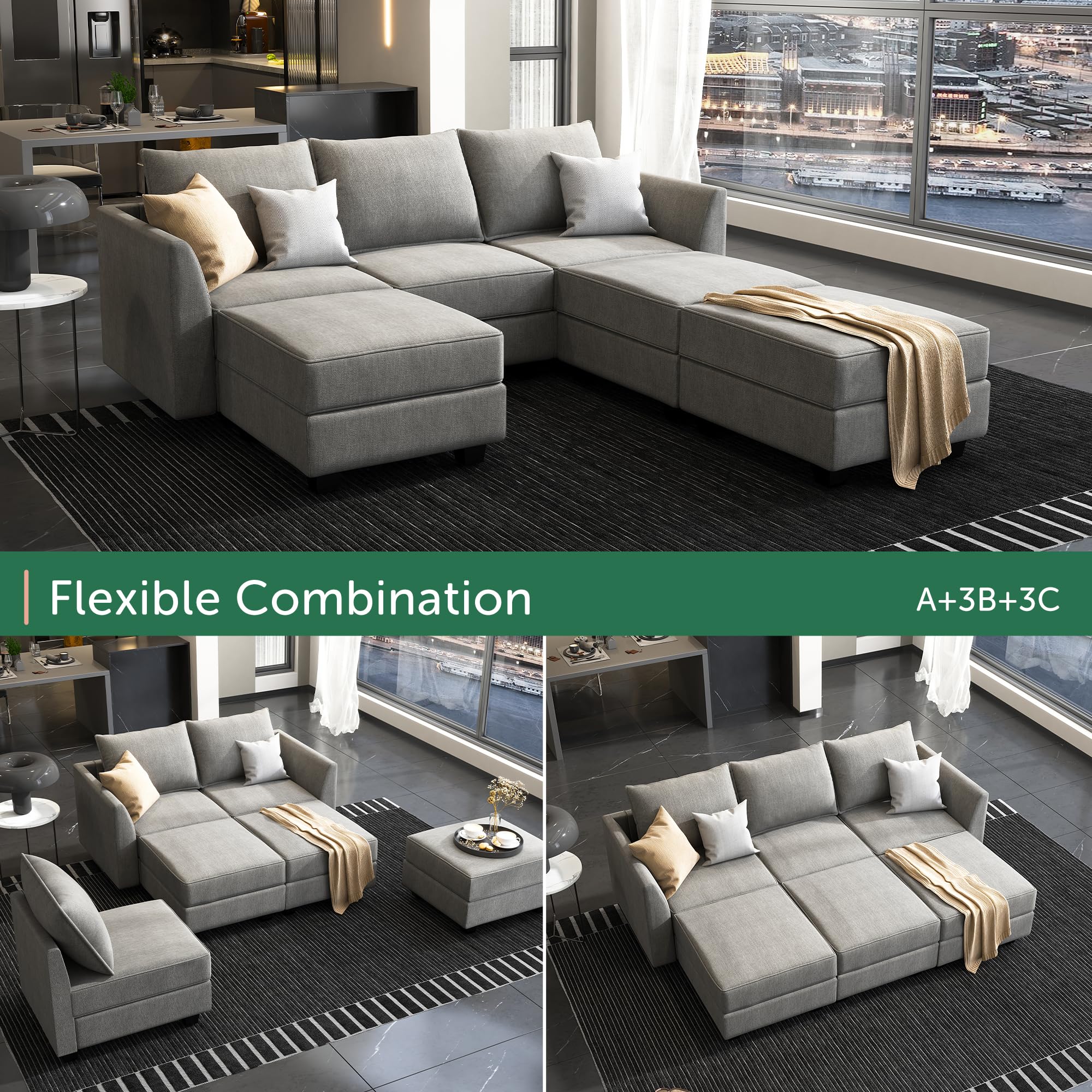 HONBAY 6-Piece Modular Sectional Sofa Bed with Storage | Reversible Sleeper Couch for Living Room | Grey | Perfect for Small Spaces, Guest Rooms & Apartments