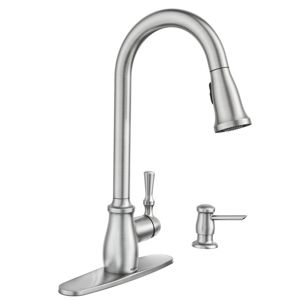 Moen Fieldstone 87808SRS Pull-Down Kitchen Faucet with Soap Dispenser - Modern Stainless Steel Design for Easy Cooking and Cleaning