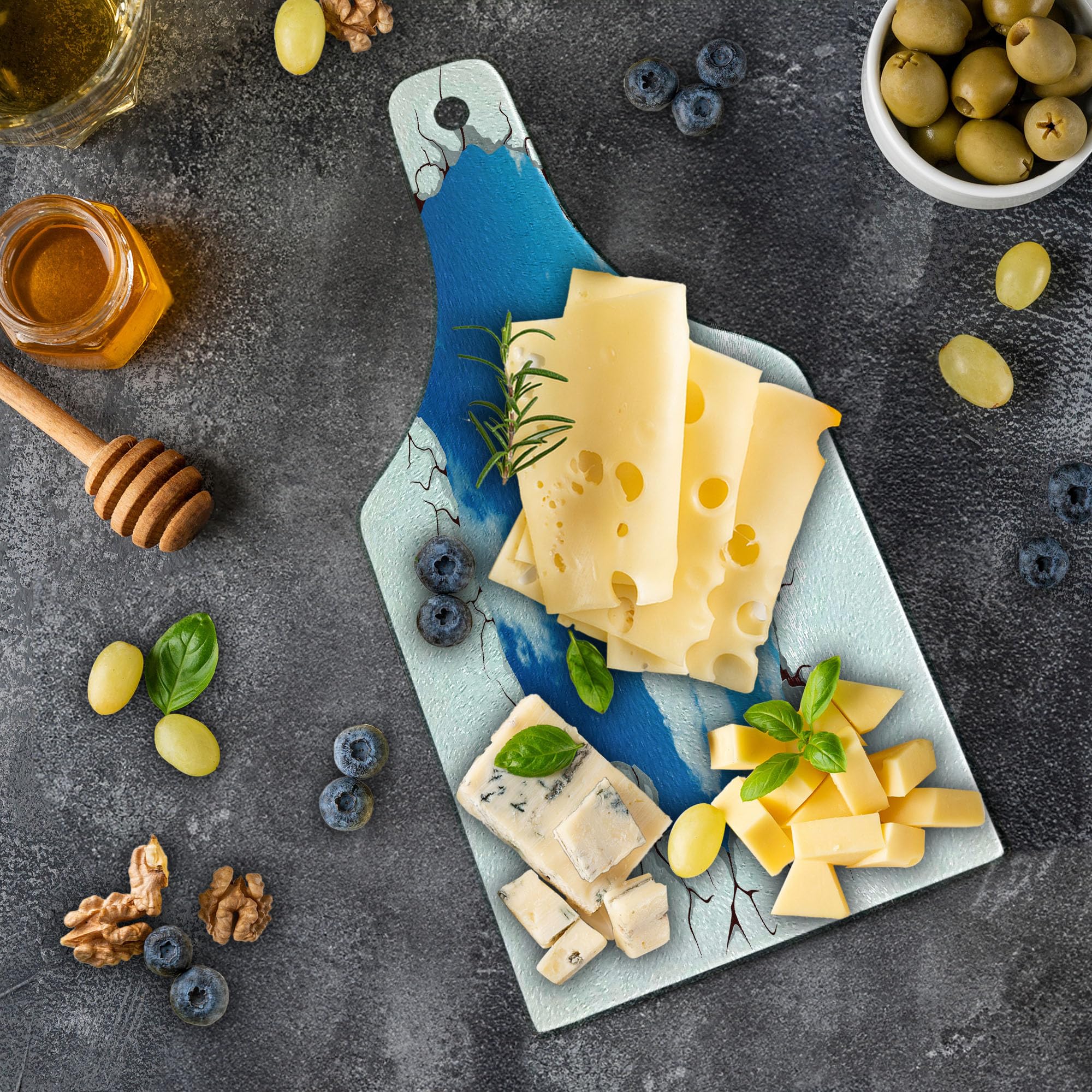 Ambesonne Sky Cutting Board - Summer Sky with Fluffy Clouds, Cracked Look Modern Art Design - Tempered Glass Serving Board for Cheese, Charcuterie & Wine - White & Blue Decorative Kitchen Accessory - Perfect for Entertaining, Gifts & Home Decor