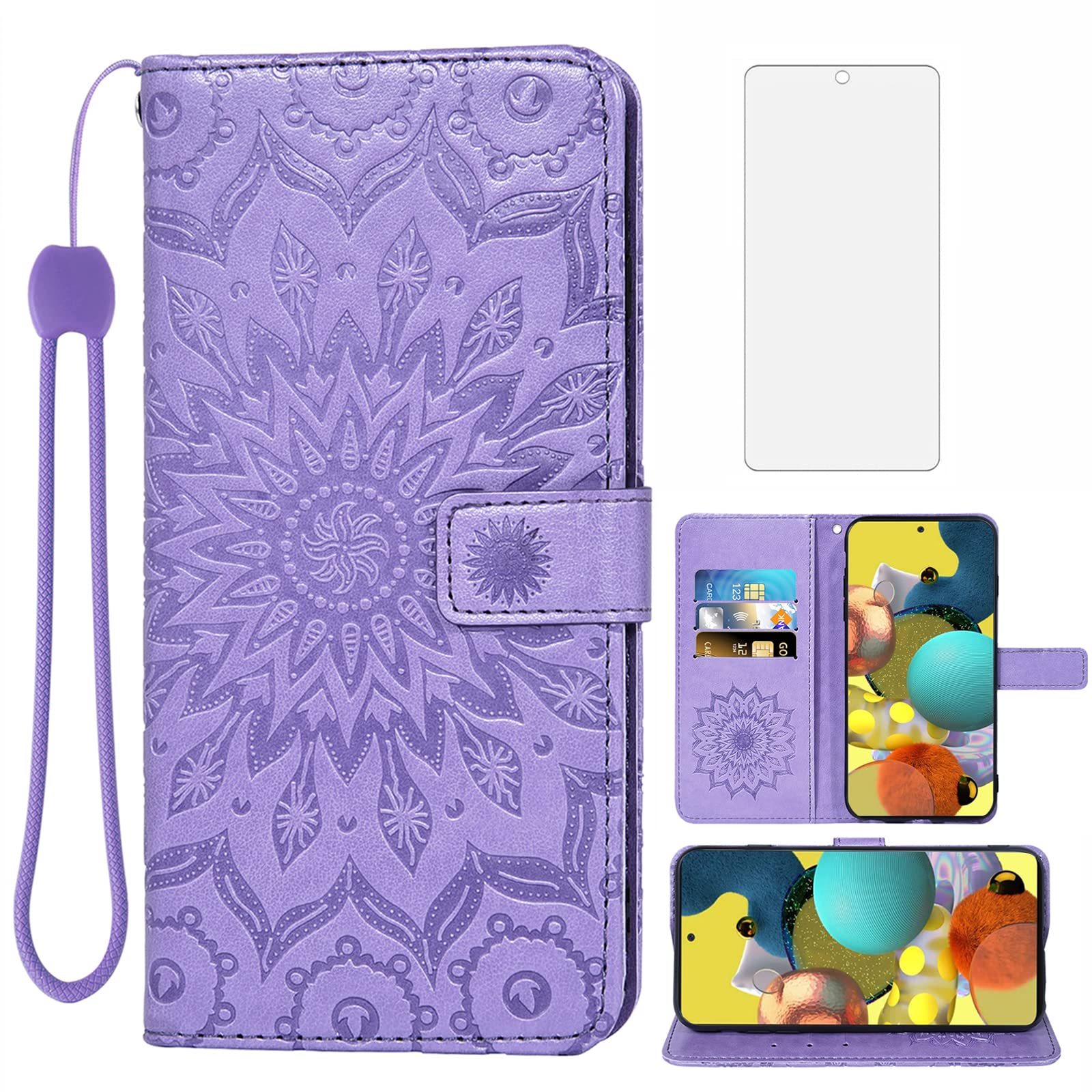 Samsung Galaxy A51 5G Phone Case with Wallet & Card Holder - Slim Leather Flip Cover with Tempered Glass Screen Protector - Verizon Compatible (Purple for Women) - Perfect for Daily Use, Travel & Hands-Free Viewing