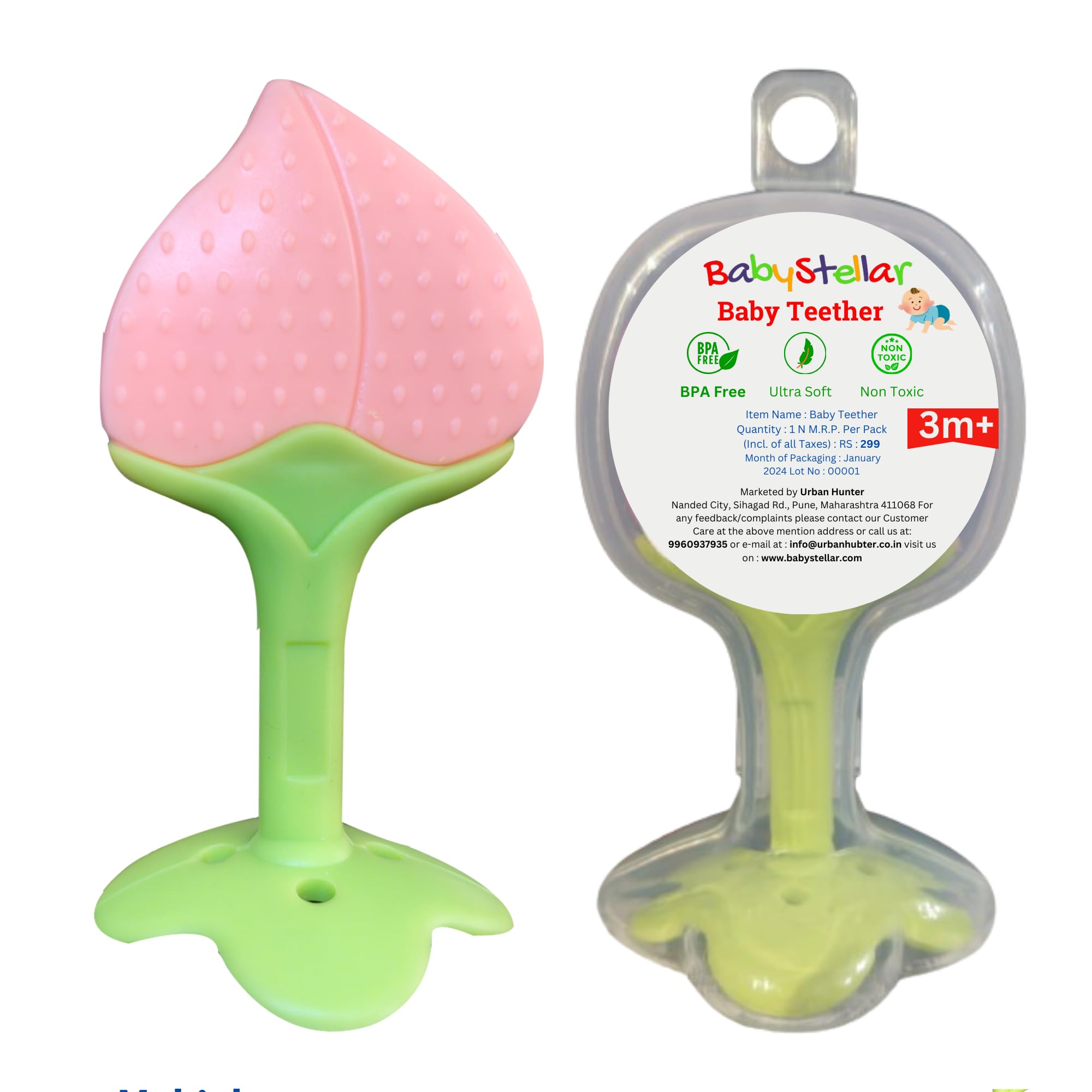 BabyStellar Standing Fruit Teether - BPA-Free Silicone Teething Toy for Infants 0-12 Months with Textured Design & Storage Case - Soothes Sore Gums - Perfect for Home, Travel & Daycare Use (Peach)