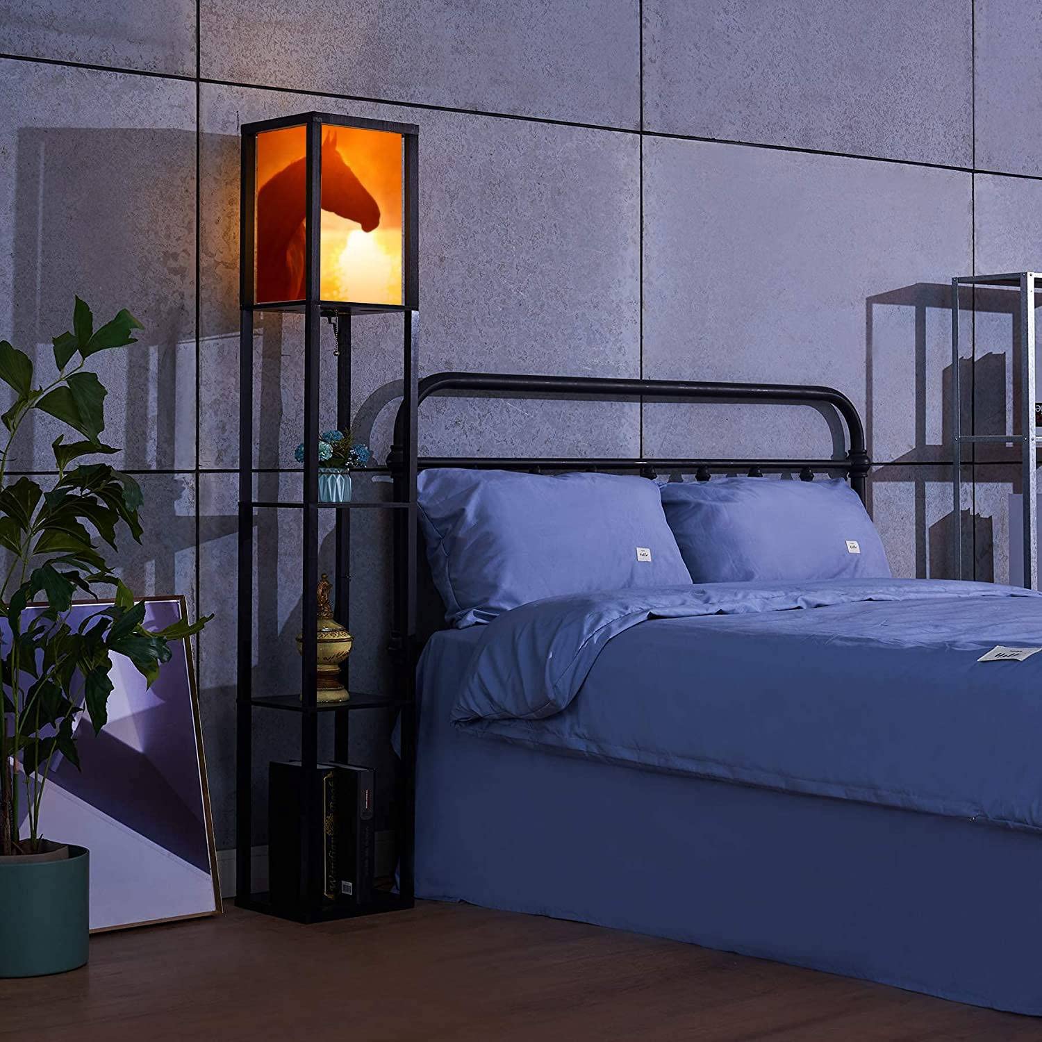 JITHCG Sunrise Horse Silhouette Floor Lamp with Shelves & Flaxen Fabric Shade - Tall Corner Standing Lamp for Living Room, Bedroom, Office | Aesthetic Home Decor & Reading Light