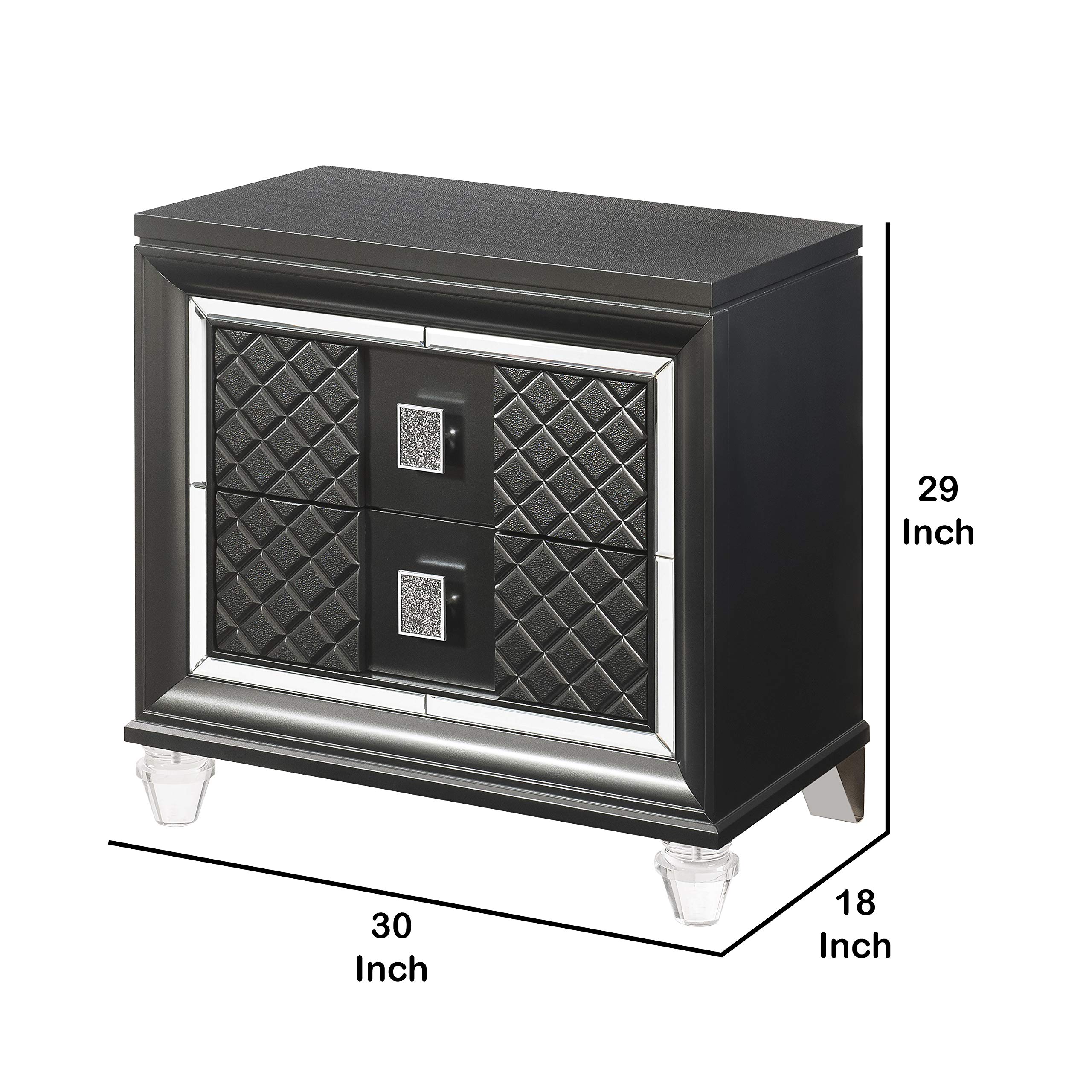 Benjara 2 Drawer Wooden Nightstand with Mirror Accents & Diamond Pattern - Black Bedside Table for Bedroom, Living Room, or Guest Room - Modern Nightstand with Storage for Home Decor