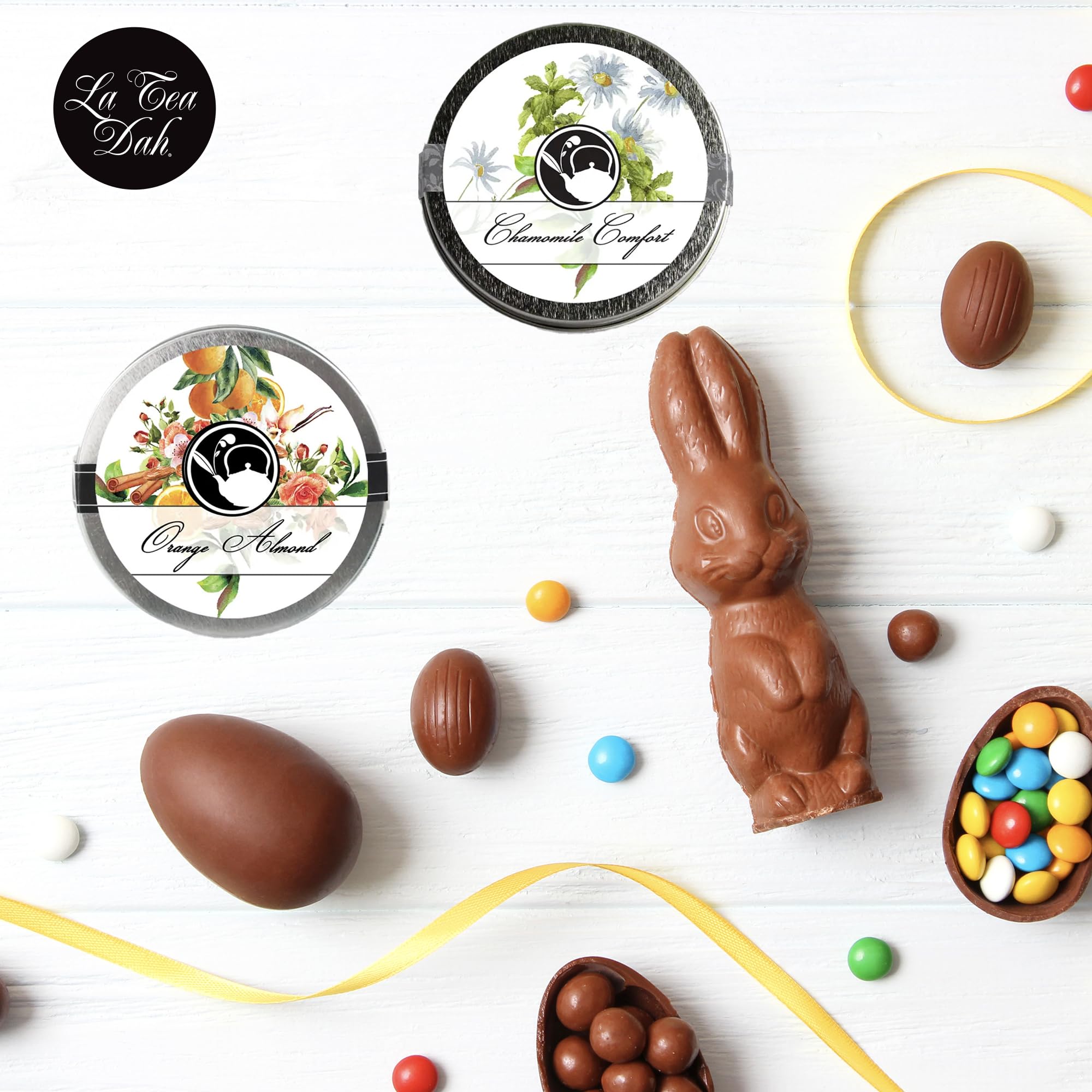 Premium Easter Tea Gift Basket by La Tea Dah - 5 Tins of Luxury Tea & 2 Honey Stirrers in Festive Basket (Hibiscus, Vanilla, Chamomile, Orange Almond & Earl Grey) - Perfect Easter Gifts for Adults, Tea Lovers & Hostess - Ideal for Afternoon Tea, Mother's Day & Spring Celebrations