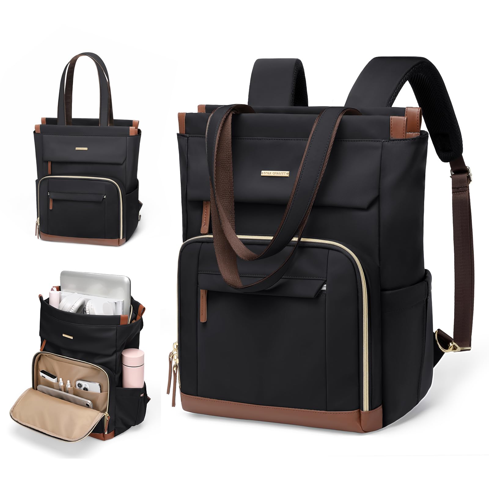 Convertible Laptop Backpack for Women & Men - 16Inch Black Daypack for Work, Travel & College