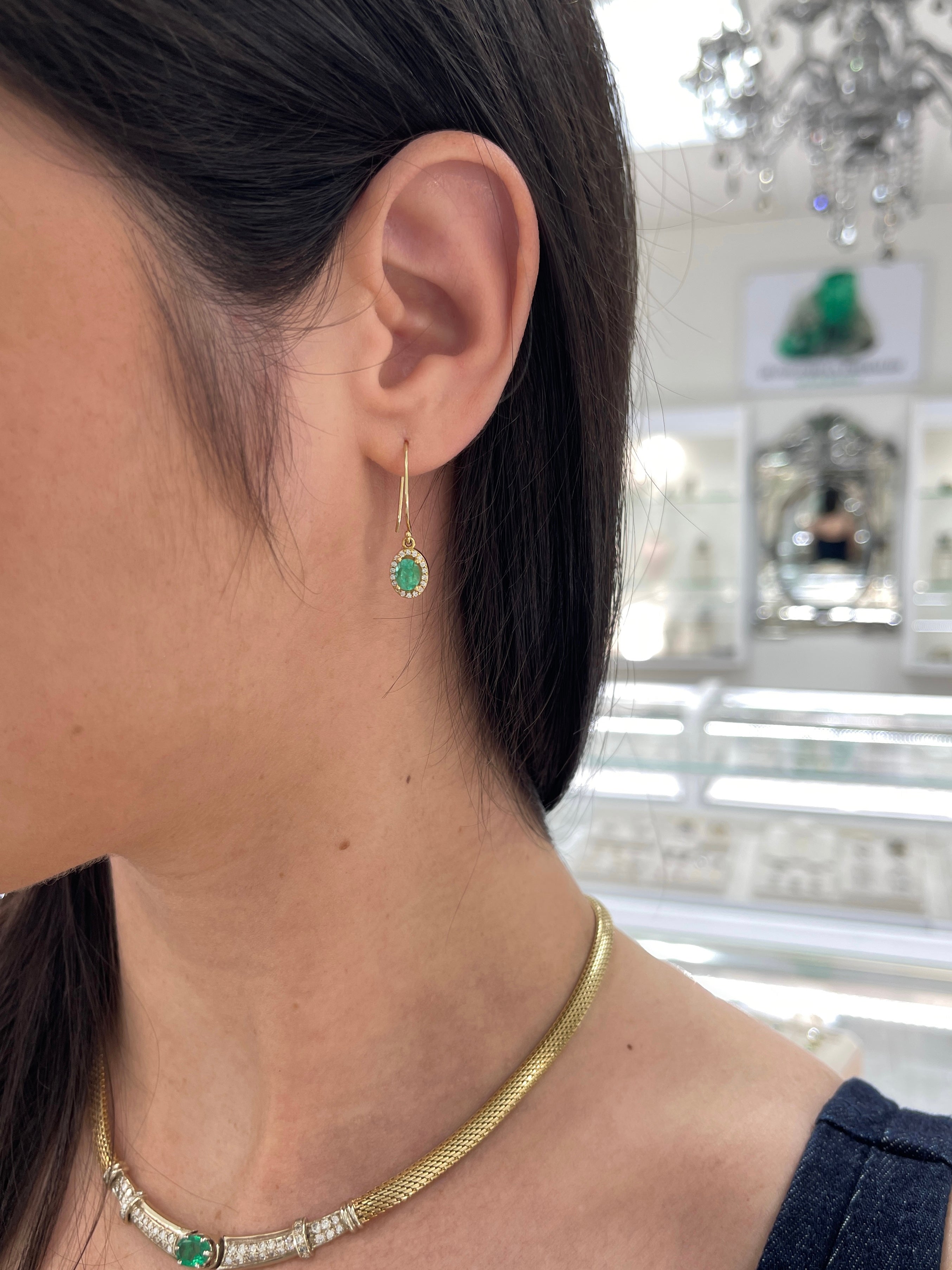 1.24tcw Colombian Emerald Oval & Diamond Halo Dangle Earrings in 14K Gold - Elegant Jewelry for Weddings, Parties & Special Occasions