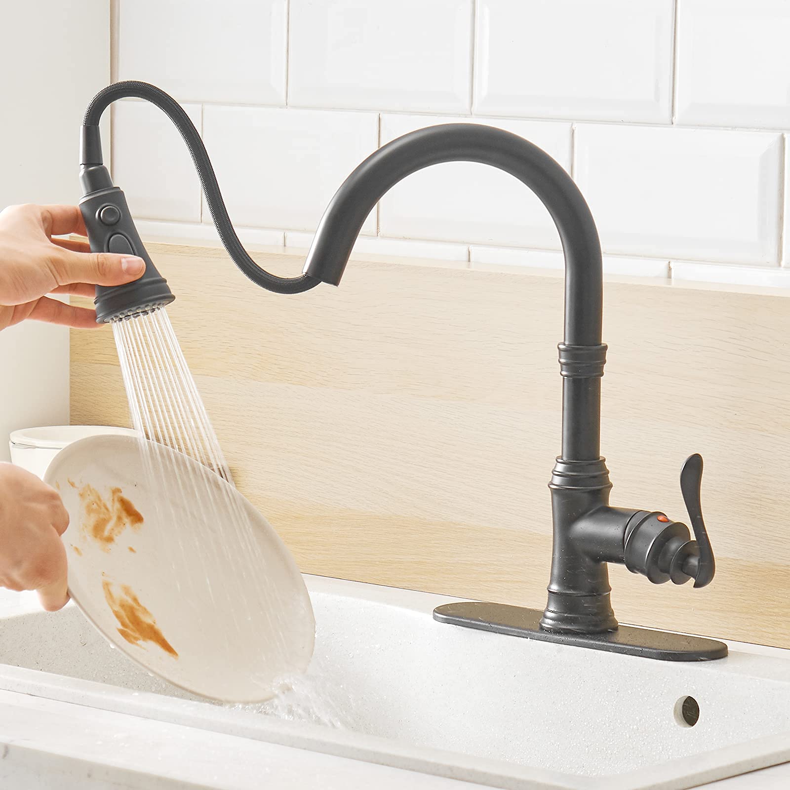 Black Bathroom Sink Faucet Waterfall Single Hole & Kitchen Faucet with Pull Down Sprayer - 3 Mode Outlet for Modern Home Renovation | Perfect for Bathroom Vanity, Kitchen Sink, and Commercial Use