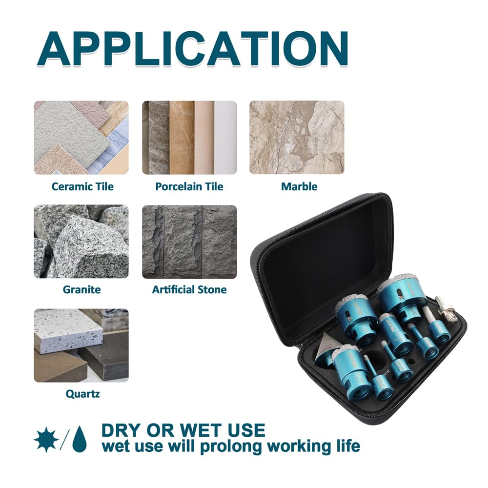 Premium Diamond Core Drill Bit Set - 10pc Tile Hole Saw Kit (6/8/10/25/35/50/65mm) with 2