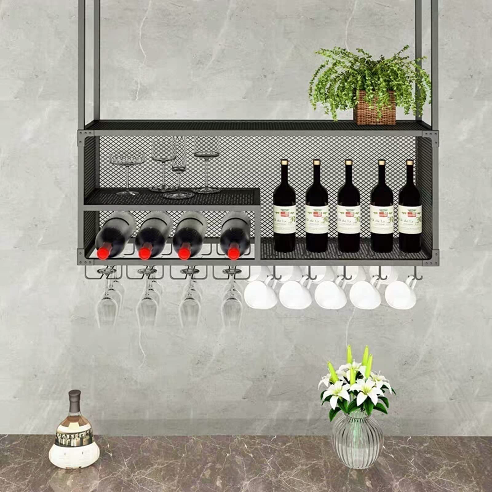 Premium Metal Hanging Wine Rack Cabinet - Wall Mounted Wine Glass Holder & Floating Shelf for Kitchen, Bar, Restaurant - DIY Storage Solution for Wine Bottles, Glasses & Books - Perfect for Home Bars, Dining Rooms & Commercial Spaces