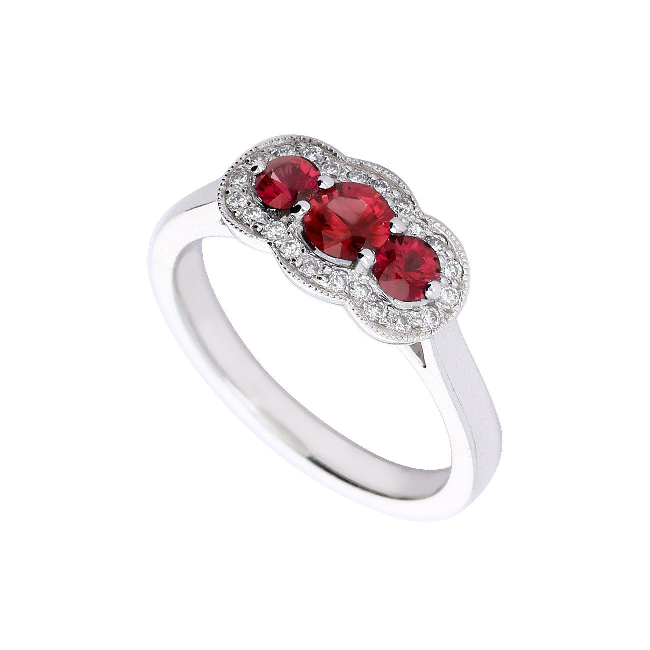 Platinum Ruby & Diamond Three Stone Halo Engagement Ring for Women - Elegant Wedding, Anniversary, or Proposal Jewelry Gift