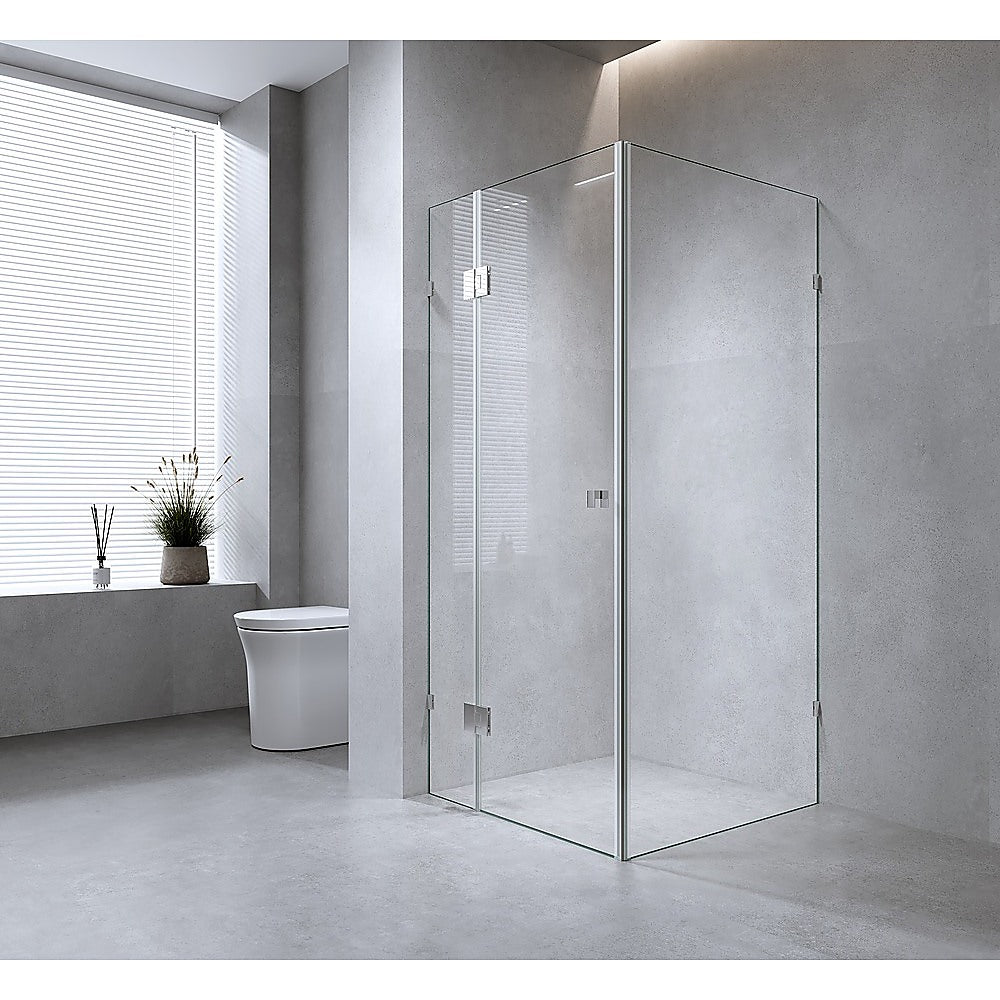 Frameless Corner Shower Screen 47x39 Inch with Black Brackets & Brass Hinges, Round Knob Handle - Waterproof Bathroom Glass Enclosure for Modern Walk-in Showers