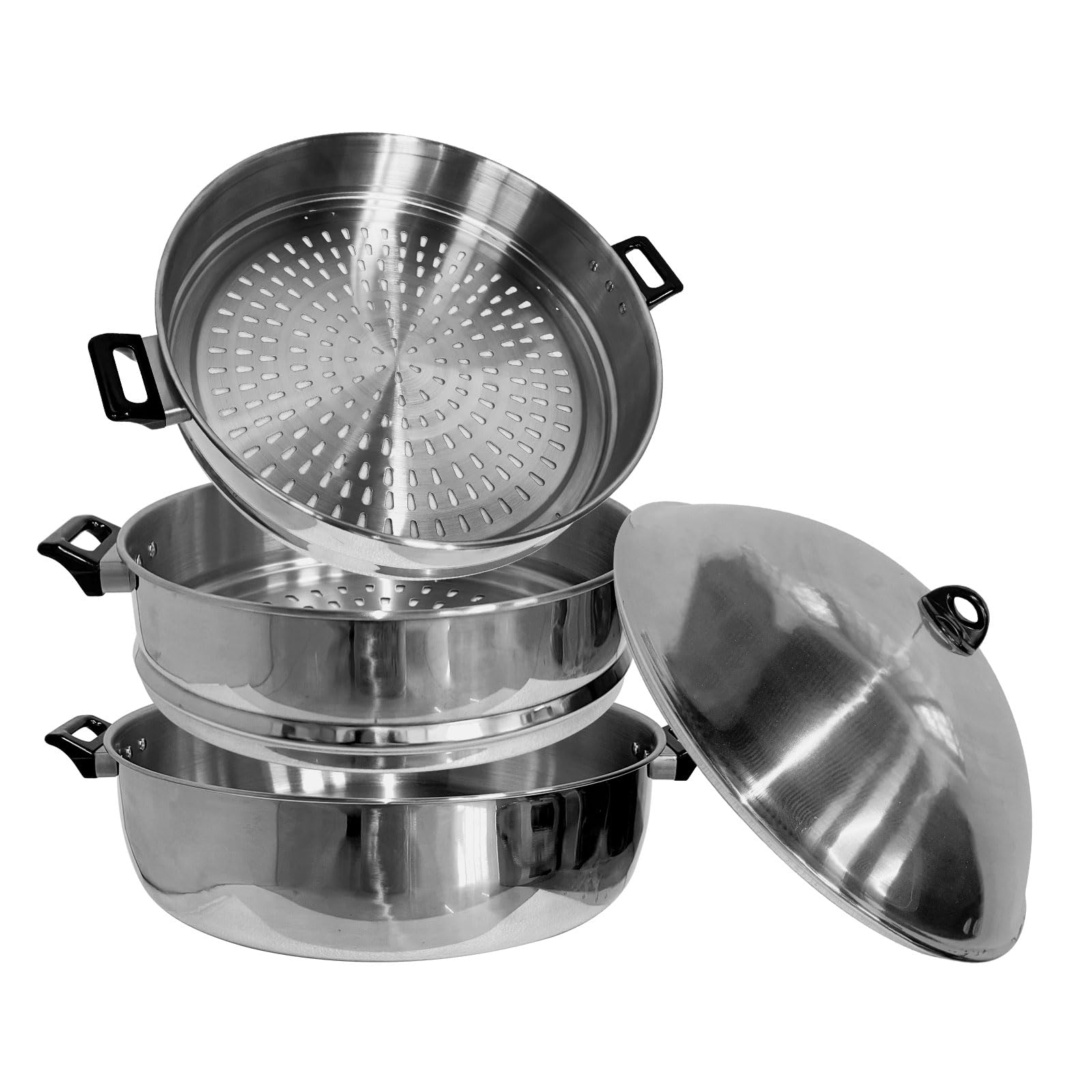 LetFeng 3-Tier Stainless Steel Steamer Pot - 21 Inch Multipurpose Cooking Steamer for Induction & Gas Stoves - Large Food Steamer with Capsule Bottom for Vegetables, Dumplings & Seafood
