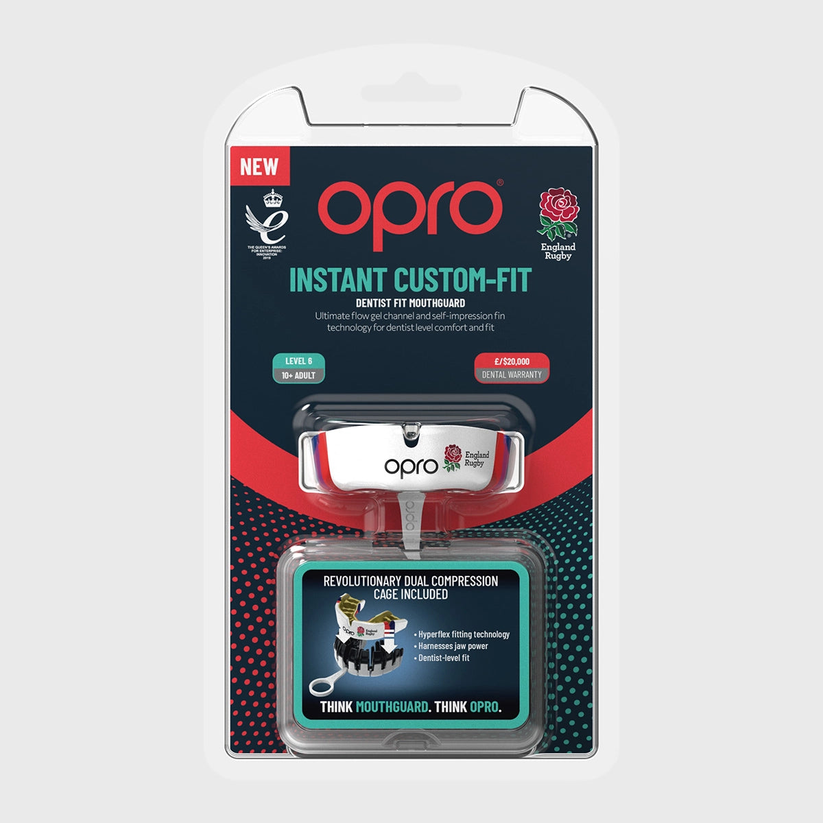Opro Instant Custom Fit England RFU Mouthguard - Boil & Bite Mouth Guard for Rugby, Football & Contact Sports - Perfect for Players & Athletes