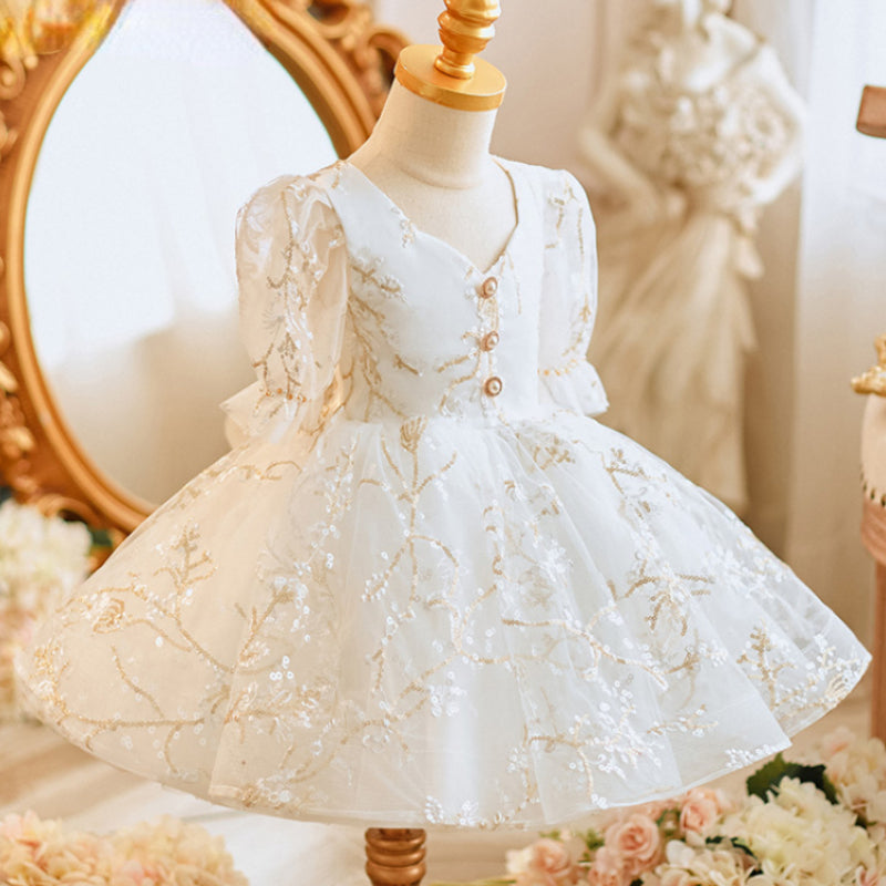 White Fluffy Baby Girl Princess Dress with Embroidery - Perfect for Birthday Parties, Photo Shoots & Special Occasions