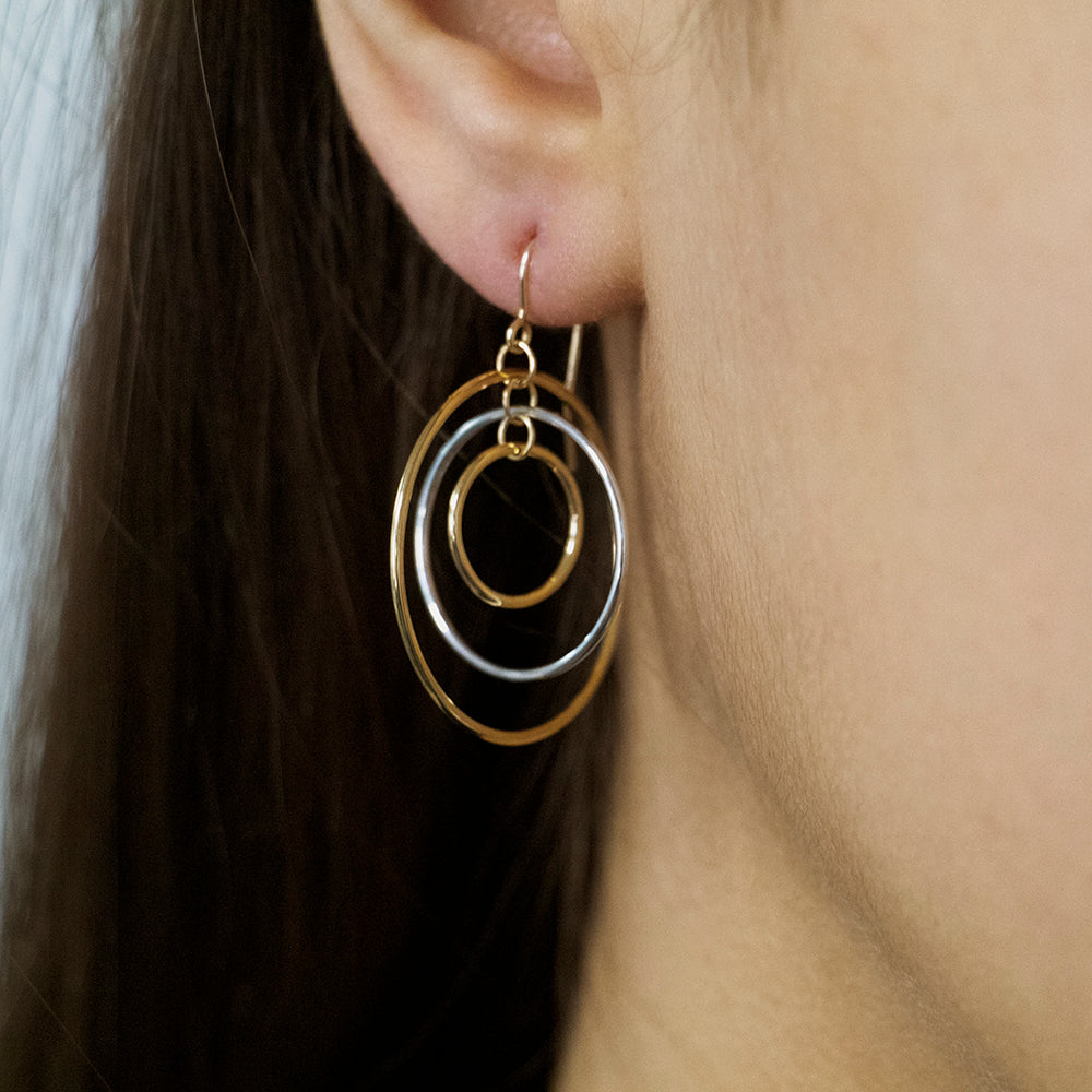 9ct Two Tone Gold 3x Circle Hook Drop Earrings for Women - Elegant Dangle Earrings for Party, Wedding & Everyday Wear