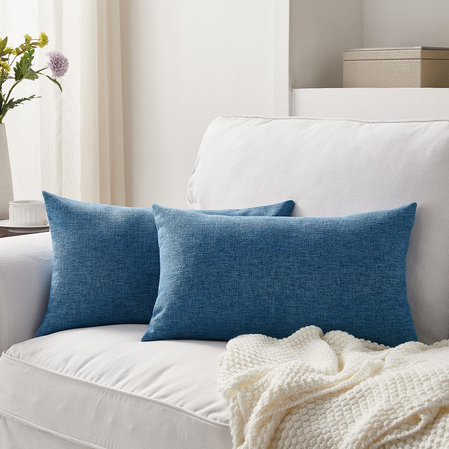 Meekio Set of 2 Blue Boho Farmhouse Pillow Covers 12x20 Inch - Linen Decorative Throw Pillow Cases for Sofa, Couch & Bed - Perfect for Living Room, Bedroom & Home Décor