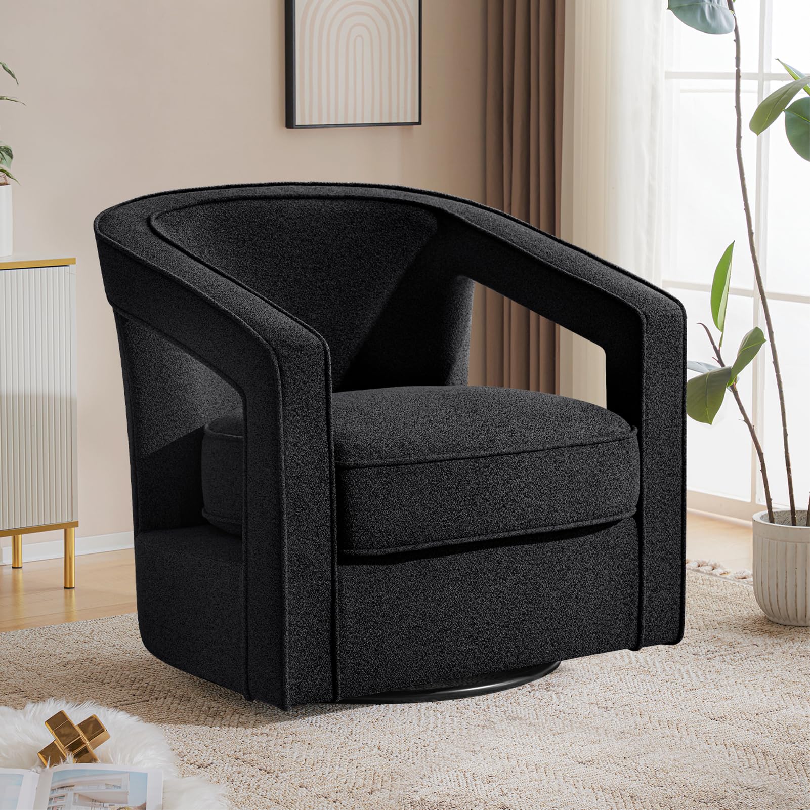 Furniliving Chenille Swivel Accent Chair - Upholstered Barrel Chair with Curved Back for Living Room, Bedroom, Home Office - Comfortable Reading Chair for Relaxing, Working & Decorating - Black