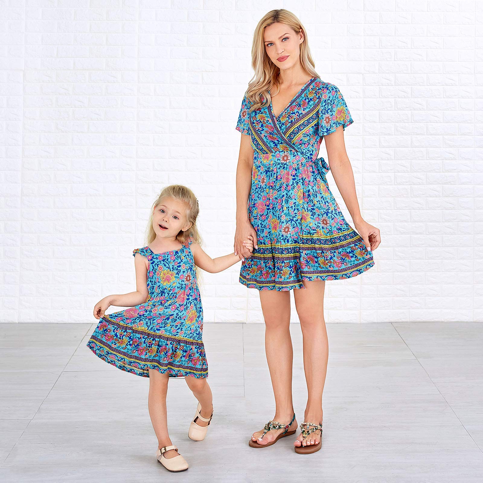 PopReal Mommy and Me Dresses - Boho Casual Maxi Dresses for Women & Girls, Floral Print V-Neck Wrap Summer Short Sleeve Dress | Perfect for Family Photos, Beach Vacations & Outdoor Events