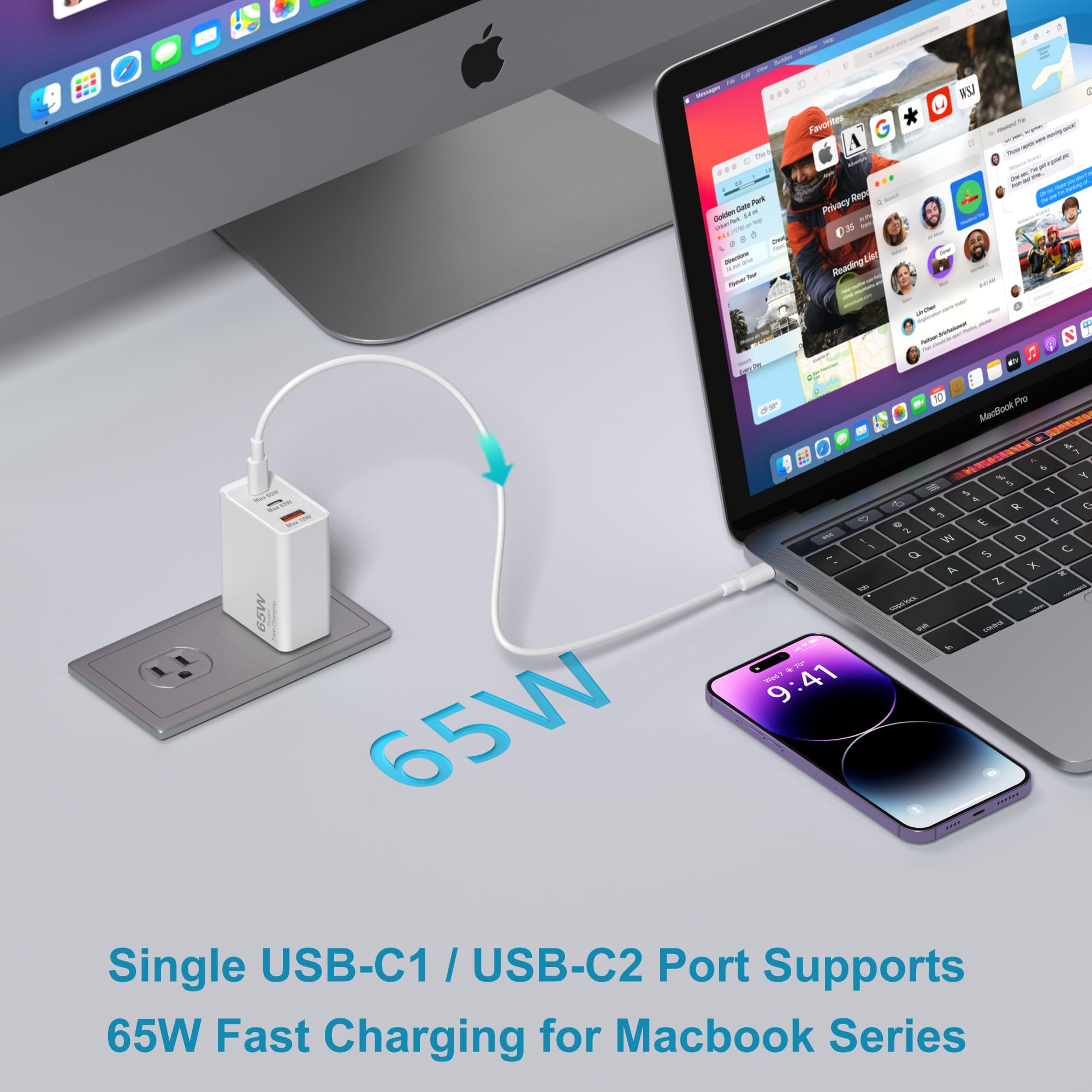 65W USB C Fast Charger with 3 Ports - PD/QC/PPS Compatible Wall Charger for MacBook, iPad, iPhone 16/15/14/13 Pro Max, Samsung Galaxy S24/S23/Note20 - Perfect for Travel, Office & Home Charging