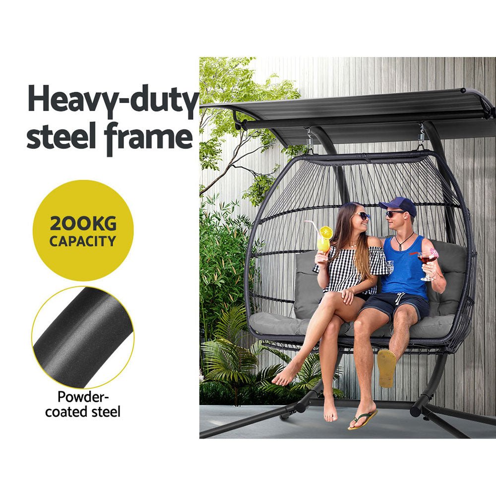 Grey Double Wicker Hanging Swing Chair with Stand - Outdoor Patio, Garden, Balcony Relaxation Chair for Backyard & Porch