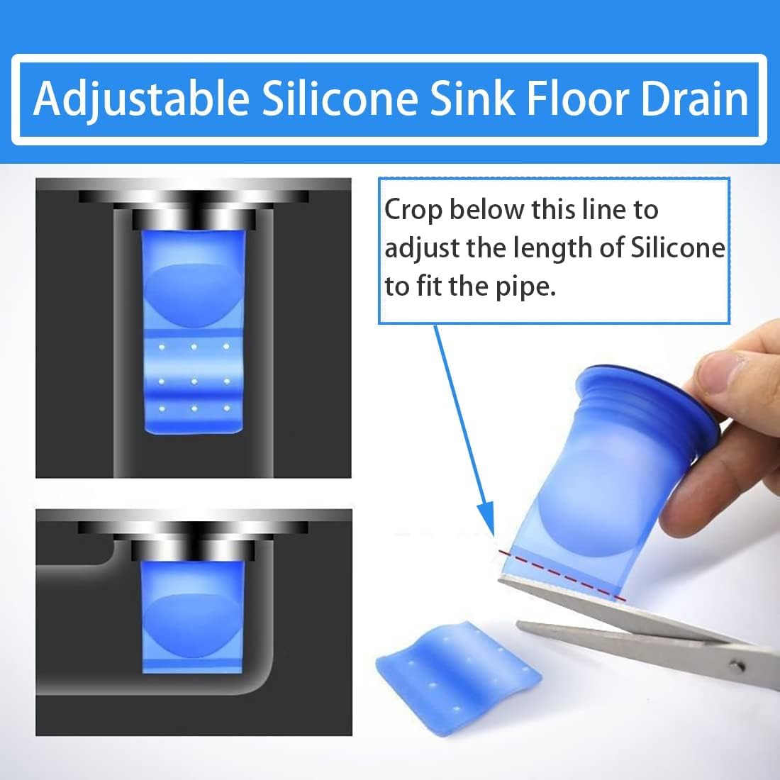2-Piece High Potency Drain Backflow Preventer - One Way Check Valve with Adjustable Silicone Seal - Universal Sink Floor Drain Trap for Bathroom, Kitchen & Toilet Pipes (Blue) - Prevents Flooding & Odors in Homes & Commercial Spaces