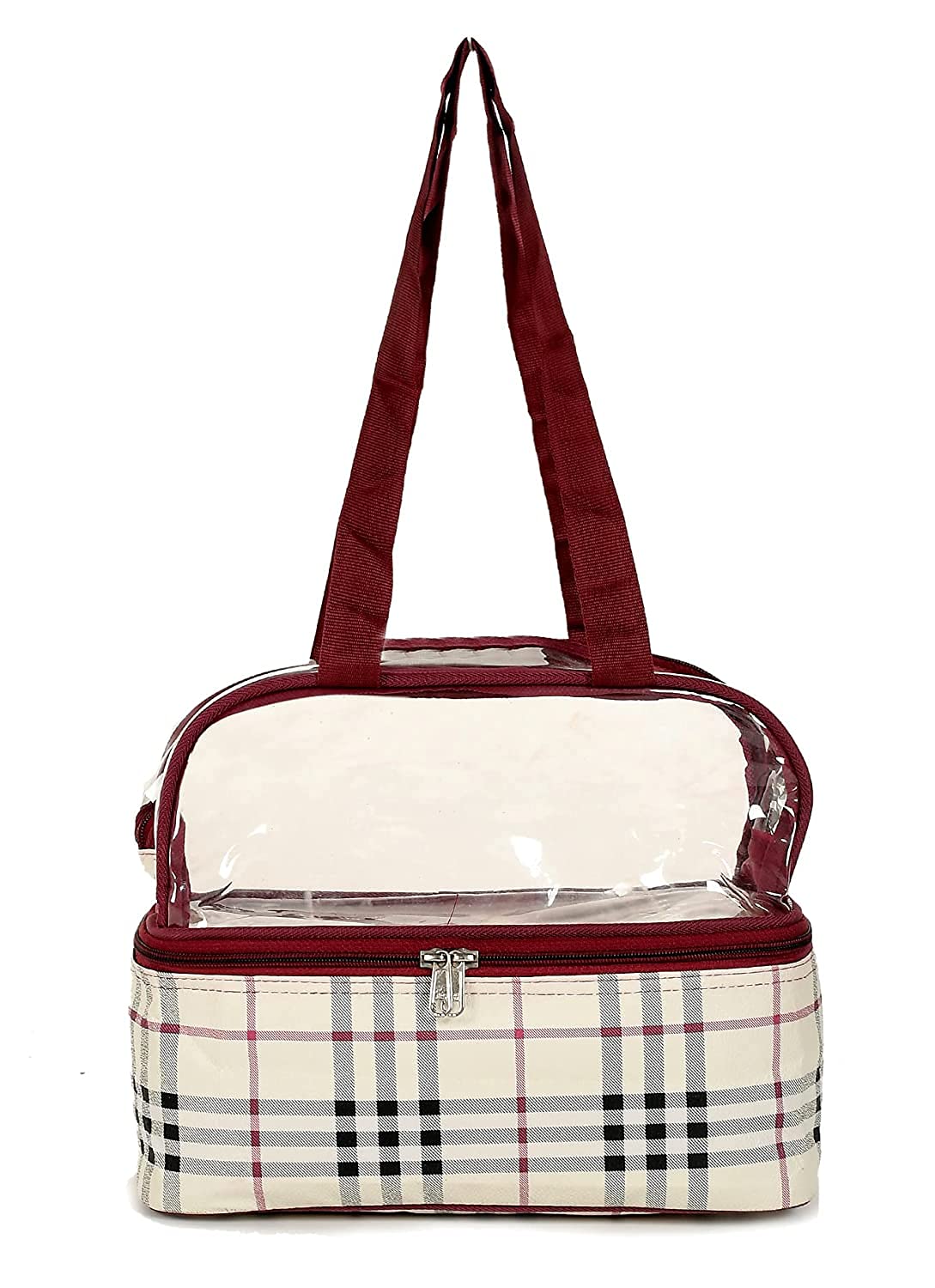 Kuber Industries Double Layer Travel Toiletry Bag & Makeup Organizer for Women - Waterproof Cosmetic Bag with Check Design, Pack of 2 (Maroon) - Perfect for Vacation, Gym, Business Trips & Daily Essentials Storage