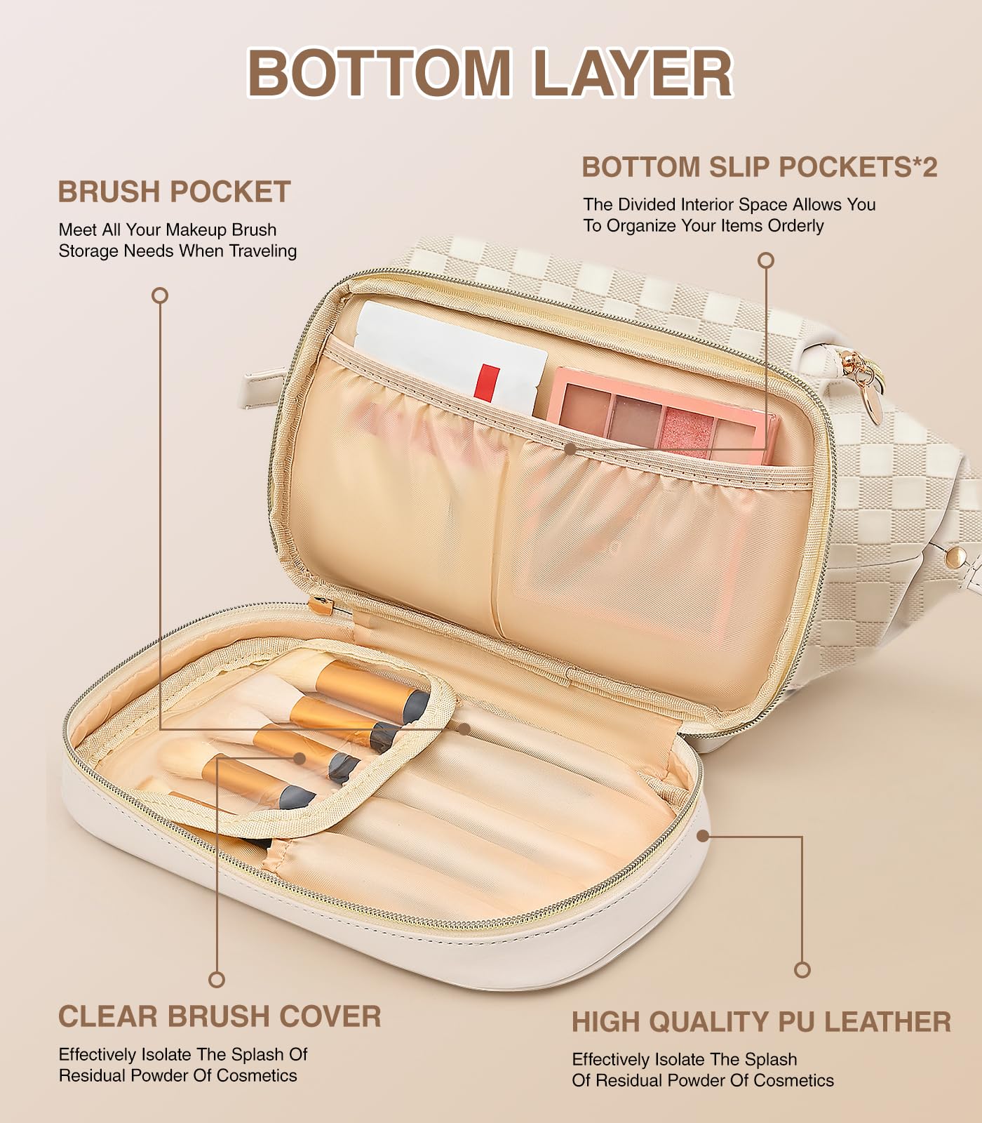 Large Double Layer Leather Makeup Bag Organizer - Waterproof Travel Cosmetic & Toiletry Bag for Women & Girls (Beige) - Perfect for Travel, Gym, and Daily Makeup Storage