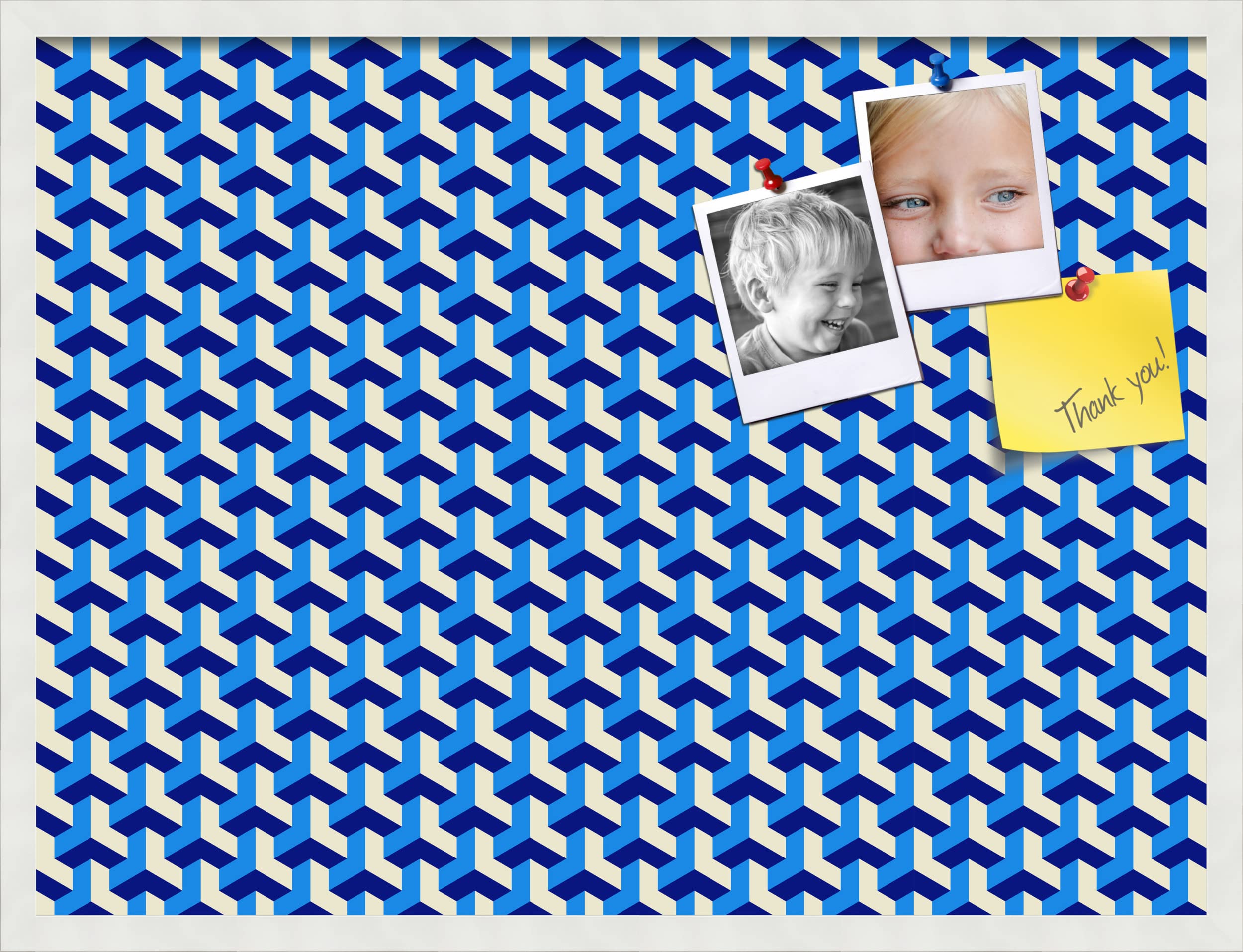 PinPix 32x24 Inch Cork Bulletin Board - Decorative Framed Pin Board with BAUS Blue Beige Design & Satin White Frame - Perfect for Home Office Decor, School Classroom, Dorm Room Organization & Gift Ideas (PinPix-1532)