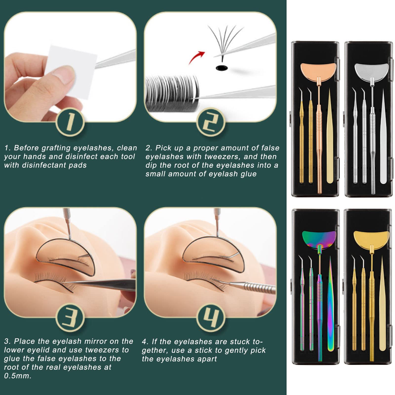4-Piece Professional Eyelash Extension Tweezers Set - Stainless Steel, Non-Slip Rotating Mirror Handle - Perfect for Lash Artists & DIY Makeup - Gold (Great for Salon, Home Use & Professional Nail Art)