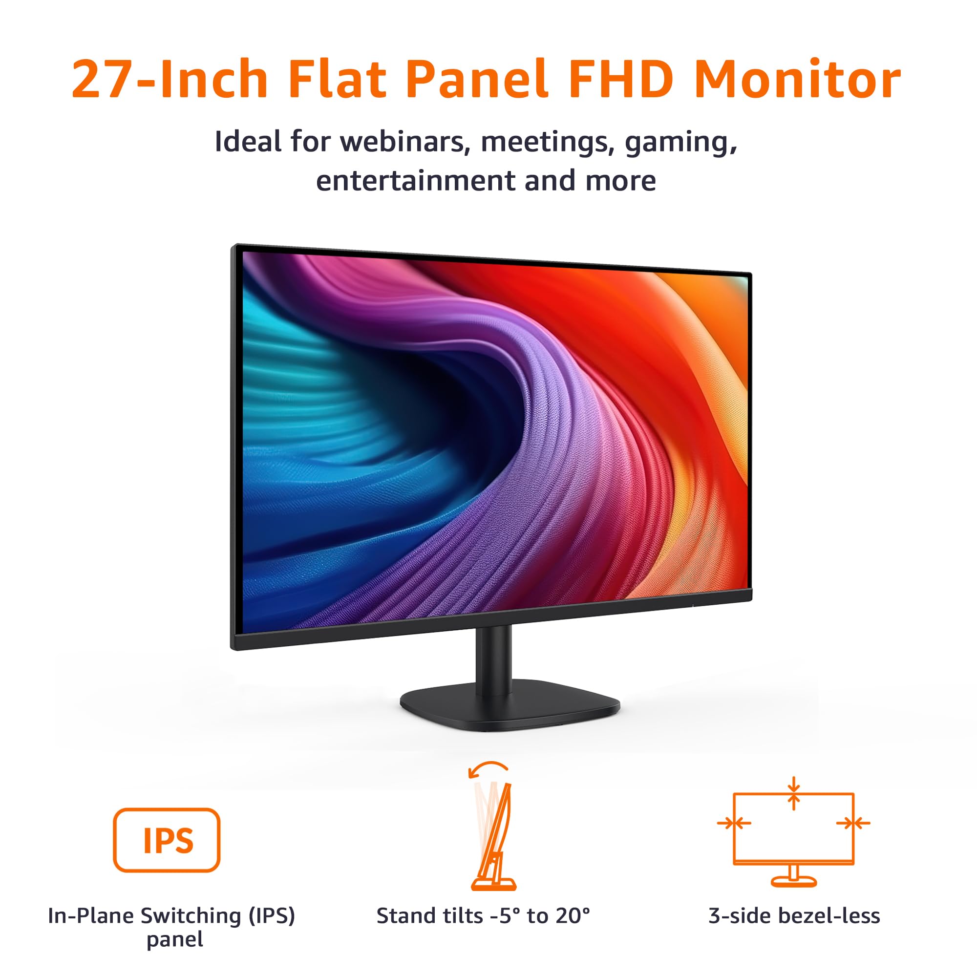 Amazon Basics 27-inch FHD 1080P Monitor with 100Hz Refresh Rate, VESA Mount Compatible, Built-in Speakers - Black | Perfect for Home Office, Gaming & Entertainment