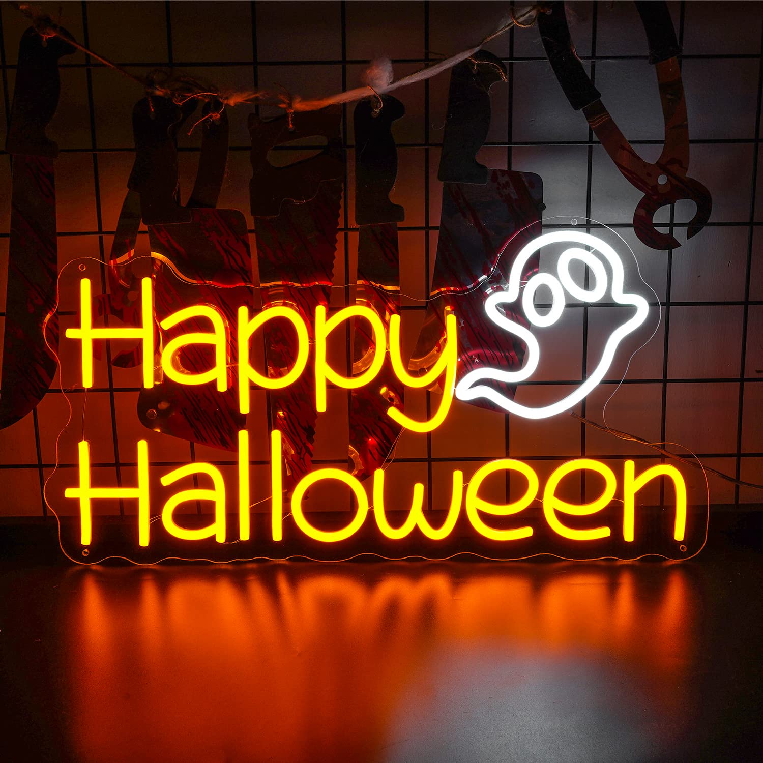 Happy Halloween LED Neon Sign Lights - Spooky Ghost Neon Light for Halloween Party, Bar, Bedroom, Kids Room & Home Wall Decor (Yellow) - Perfect for Indoor & Outdoor Halloween Decorations