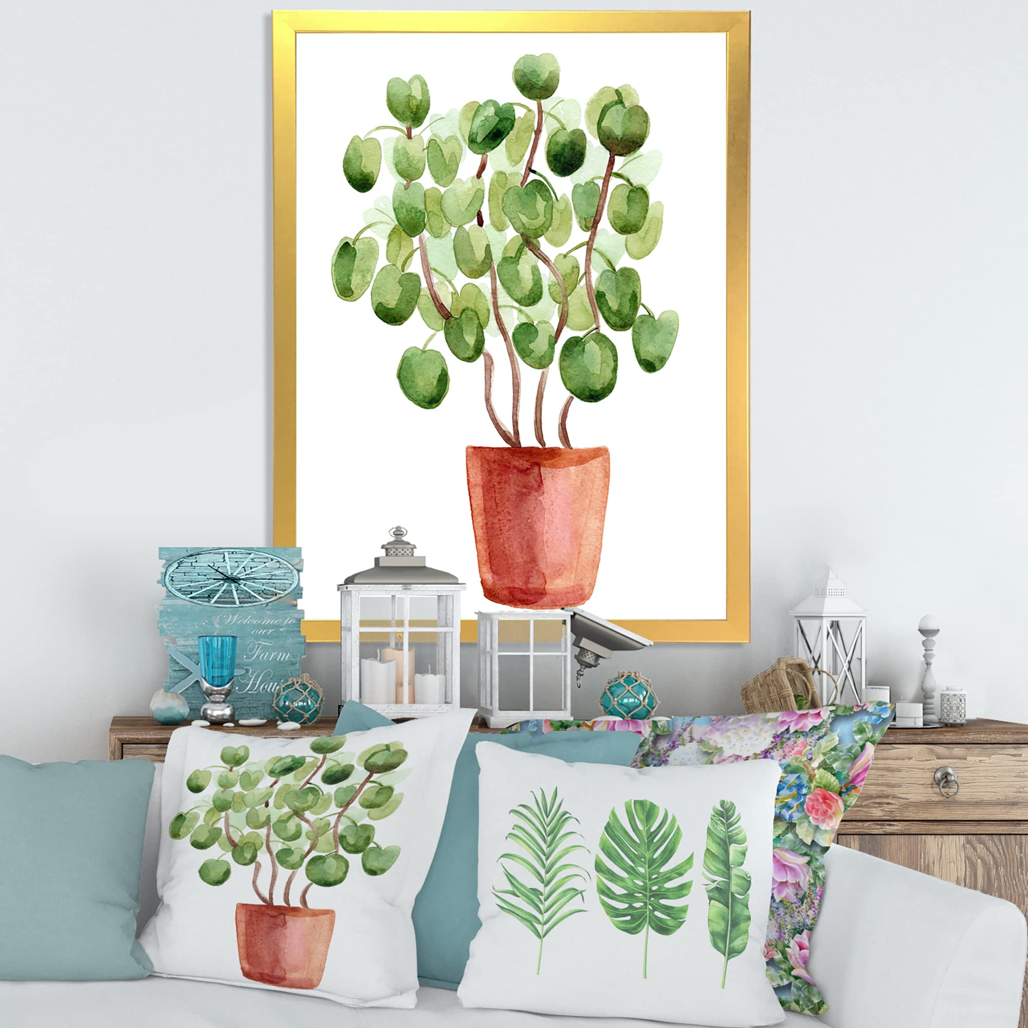 Chinese Money Plant in Ceramic Pot - Traditional Framed Wall Art Decor for Home & Office | Feng Shui Indoor Plant Gift Idea