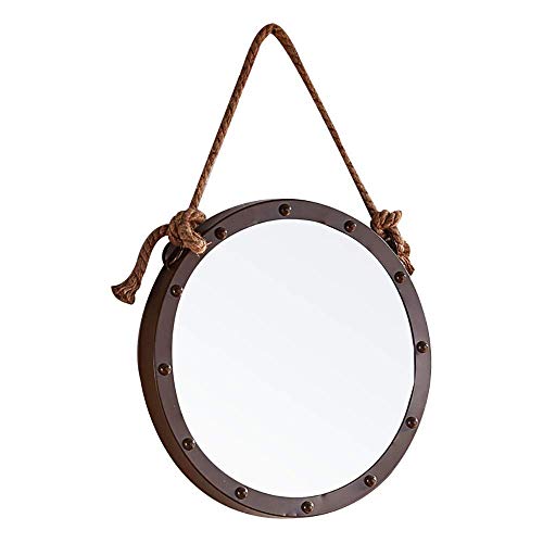 Nordic Wrought Iron Round Bathroom Mirror with Antique Hemp Rope Belt - Wall Mounted Vanity Mirror for Bathroom, Makeup & Home Decor - Perfect for Modern Farmhouse, Boho Chic & Coastal Style Interiors