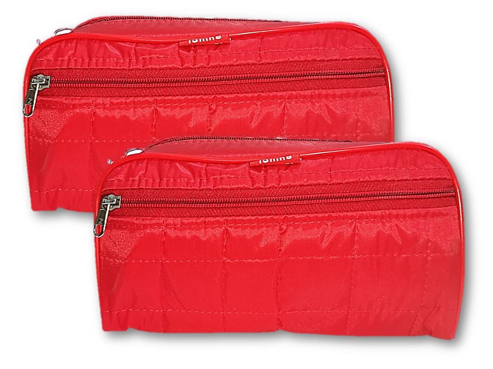 iShine Double Pocket Travel Cosmetic Bag - Waterproof Makeup Organizer Pouch for Men & Women | Morning Kit & Toiletry Storage (Red, Parachute Fabric, 2 Pack) - Perfect for Air Travel, Gym, Camping & Daily Essentials