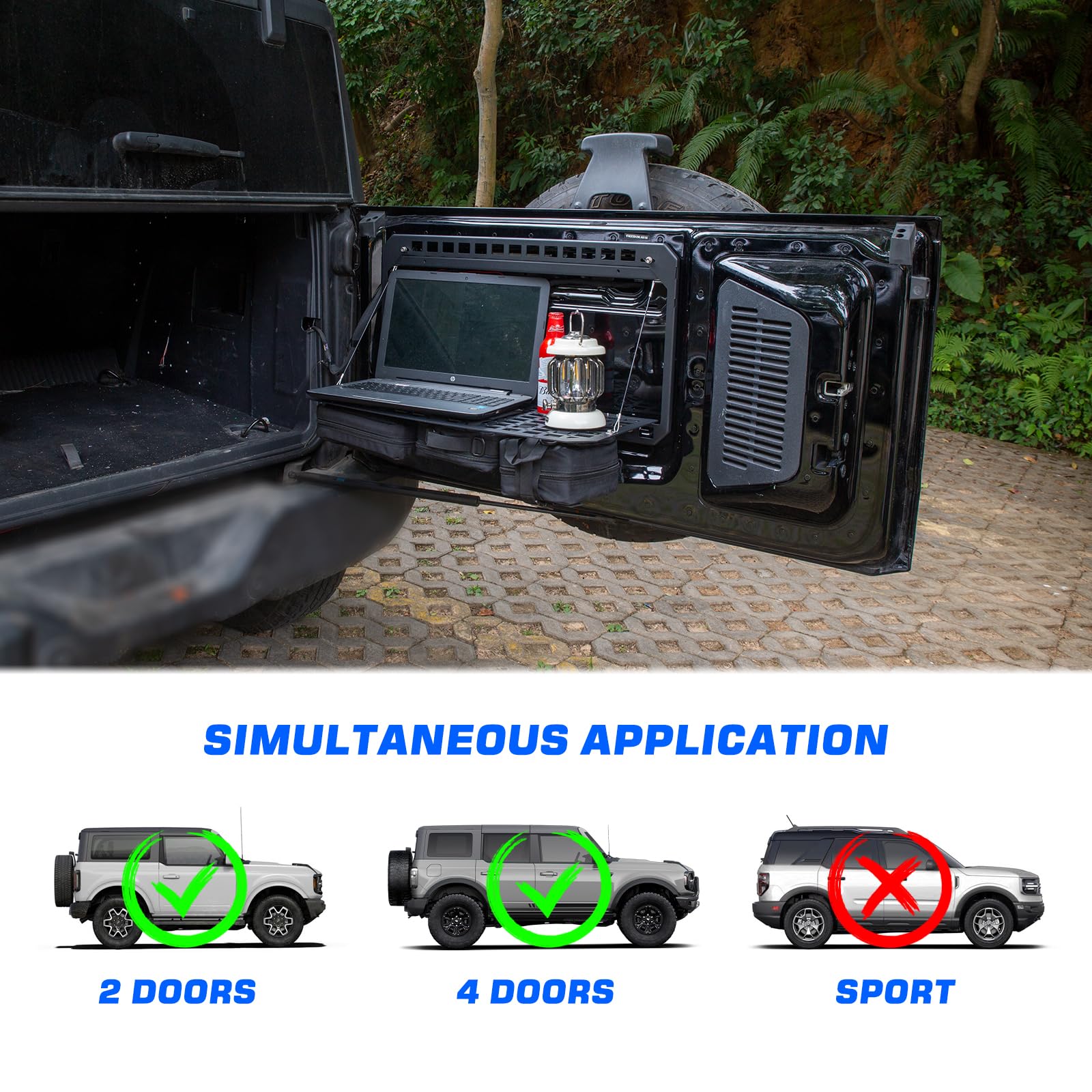 2021-2024 Ford Bronco Tailgate Table - Foldable Rear Cargo Rack with 3 Storage Bags & MOLLE Panel | Heavy-Duty Storage Shelf for Camping Gear, Tools & Off-Road Accessories (Fits Bronco Only, Not Bronco Sport)
