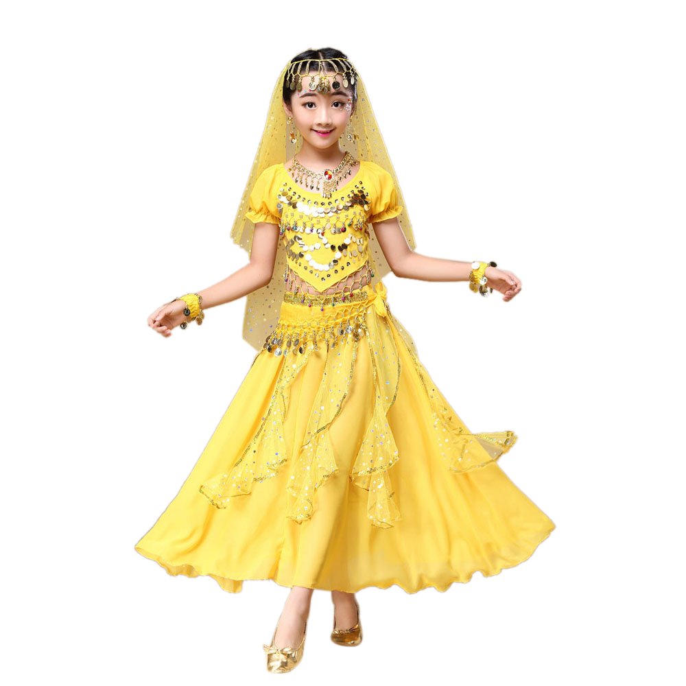 AJooED Kids' Girls Belly Dance Costume - Indian Dance Outfit Top & Skirt Set for Performances, Parties, and Cultural Events