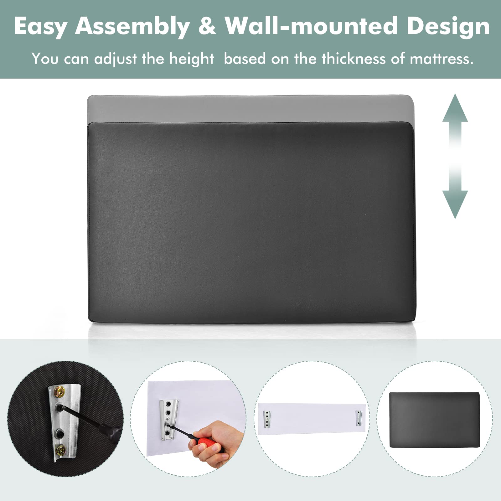 Giantex Twin/Twin XL Upholstered Headboard - Wall Mounted PU Leather Headboard for Dorm Bedroom & College Dorm - Easy Installation with Attachment Device Included - Black - Perfect for Small Spaces & Student Housing
