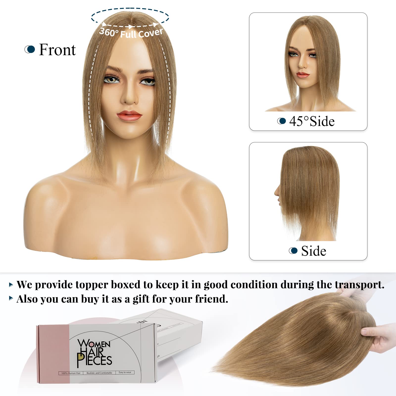 Benehair 12 Inch Human Hair Topper for Women - Remy Real Silk Base Clip-In Hair Topper - Light Brown #06 (33g) - Natural Look for Thinning Hair & Hair Loss - Perfect for Daily Wear, Parties & Special Occasions