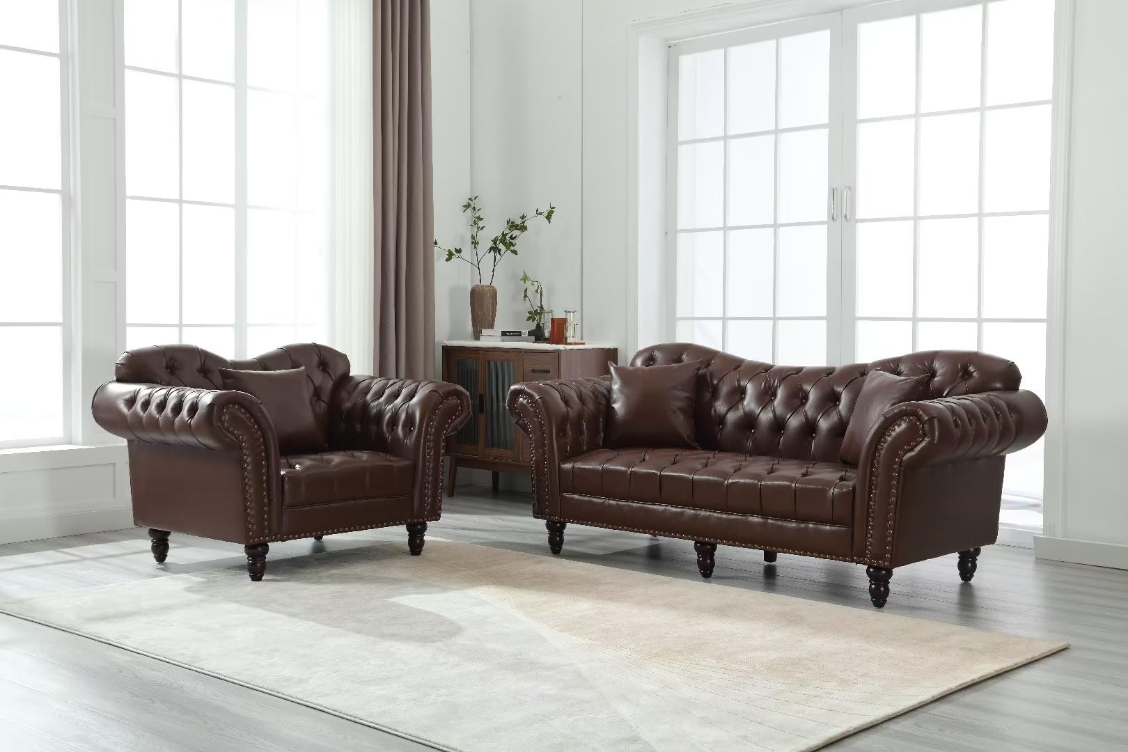 Modern Fort Leather Couch & Chair 2-Piece Living Room Set - Mid Century Tufted Upholstered Sofa Set in Brown | Perfect for Home Theater, Lounge & Office Waiting Areas