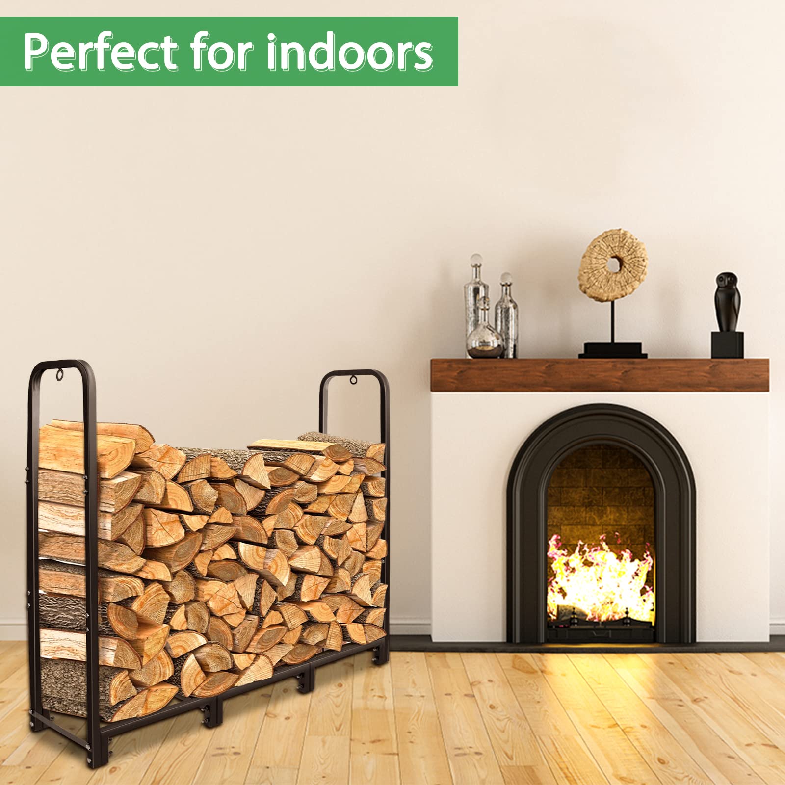 Heavy Duty 4ft Firewood Rack Stand - Indoor/Outdoor Metal Log Holder for Fireplace, Wood Storage & Stacking - Matte Black - Perfect for Patio, Backyard, and Fireplace Wood Organization