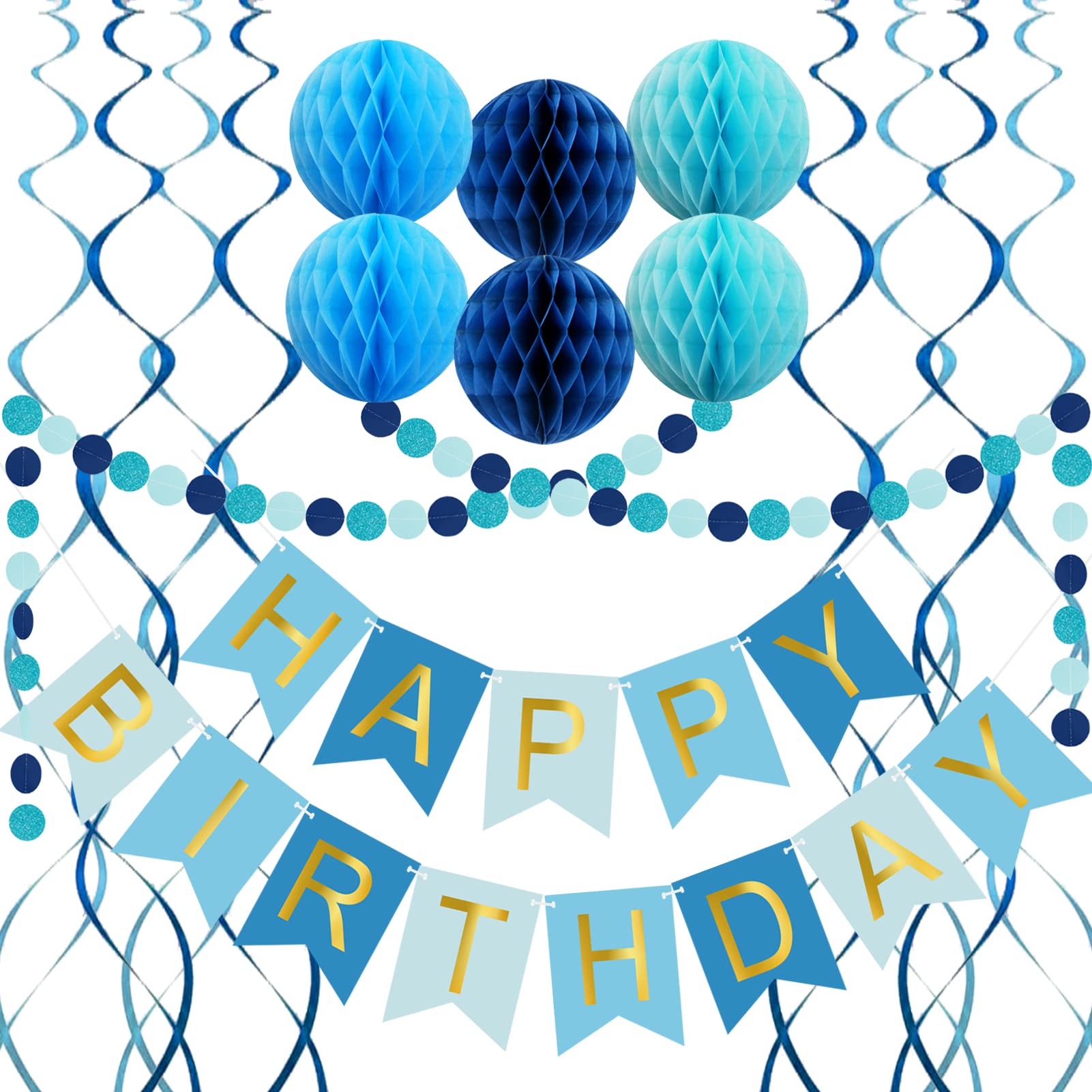 Blue Birthday Party Decorations Set - Happy Birthday Banner, Paper Honeycomb Balls, Circle Garland & Hanging Swirls for DIY Home Decor | Perfect for Birthday Celebrations, Baby Showers & Anniversary Parties