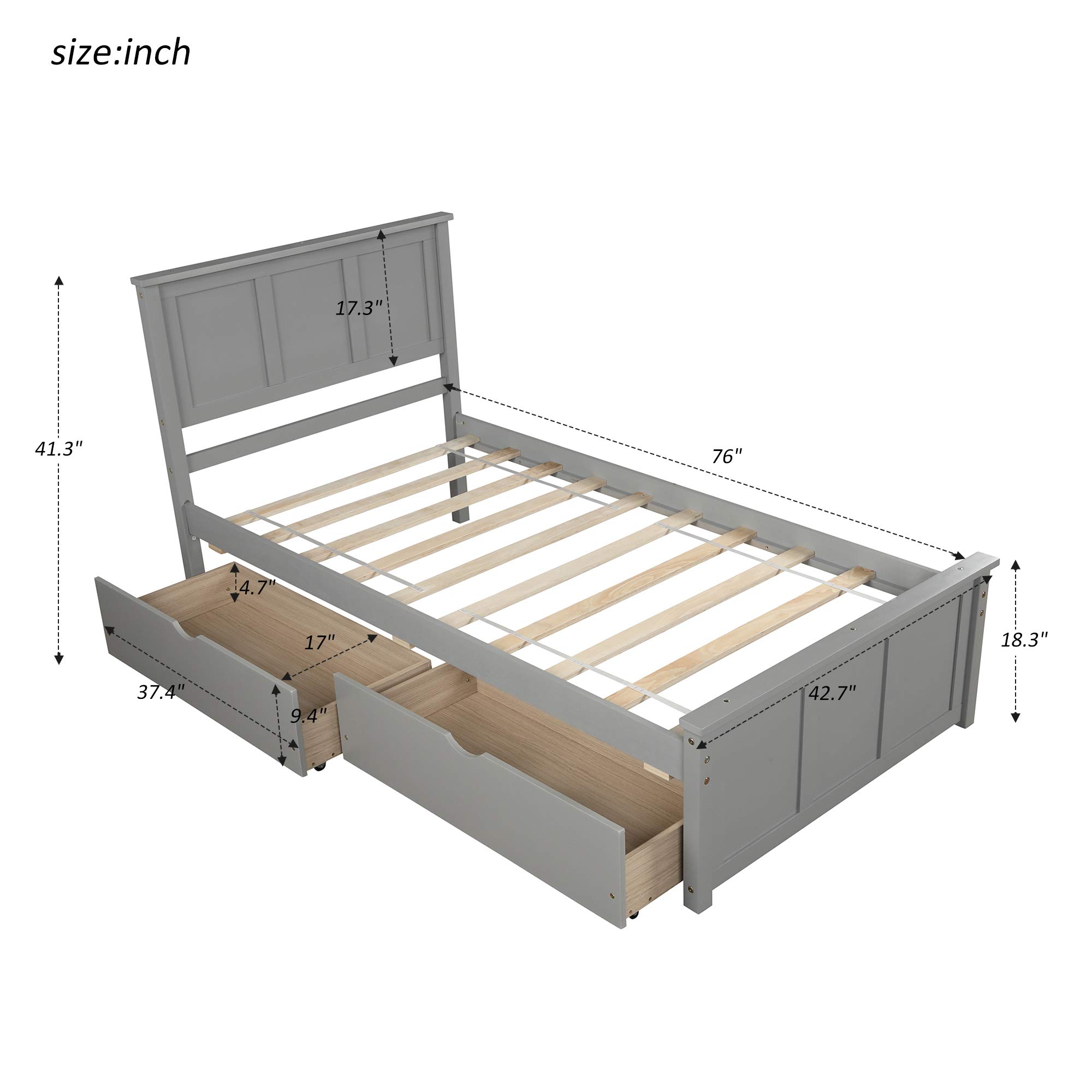 P PURLOVE Twin Size Wooden Storage Bed Frame with 2 Drawers & Headboard - No Box Spring Needed, Slat Support - Perfect for Small Bedrooms, Kids Rooms & Guest Rooms (Gray)
