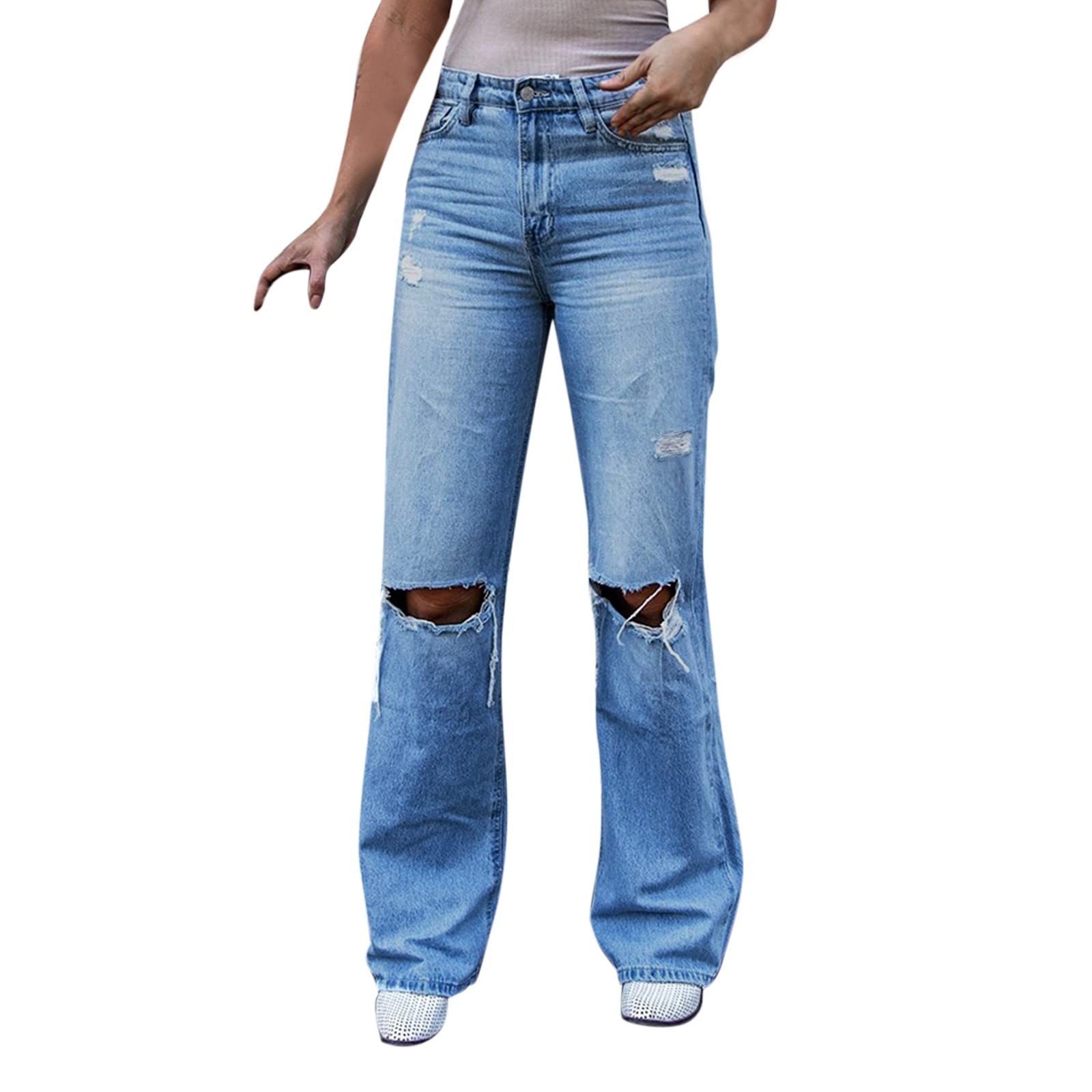 Trendy Y2K Women's Distressed Wide Leg Jeans - Mid Rise Ripped Boyfriend Denim Pants for Casual Outfits & Streetwear Fashion