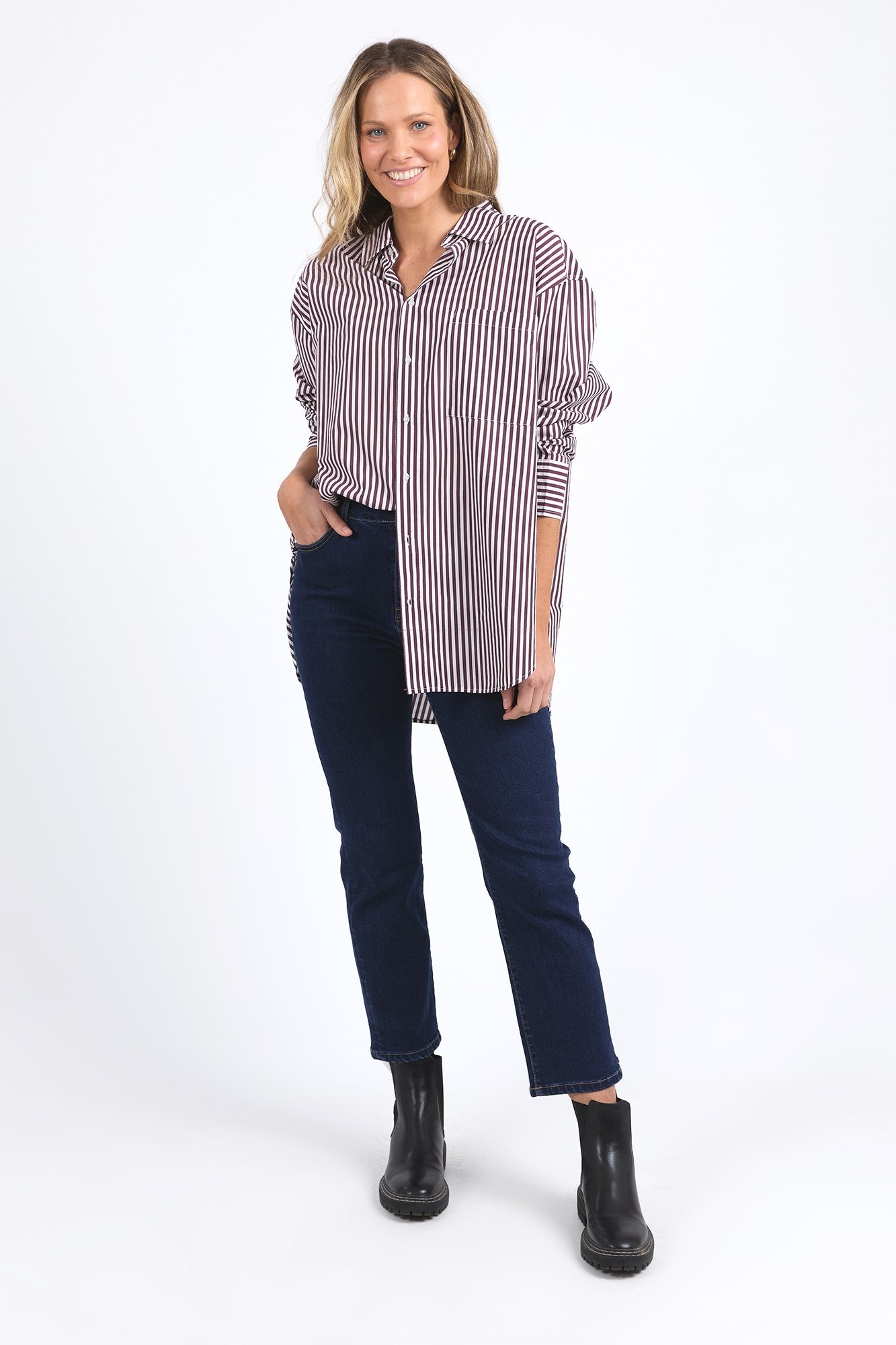 Elm Lila Stripe Shirt for Women - Merlot & White Striped Casual Blouse | Perfect for Office, Date Night & Summer Outfits